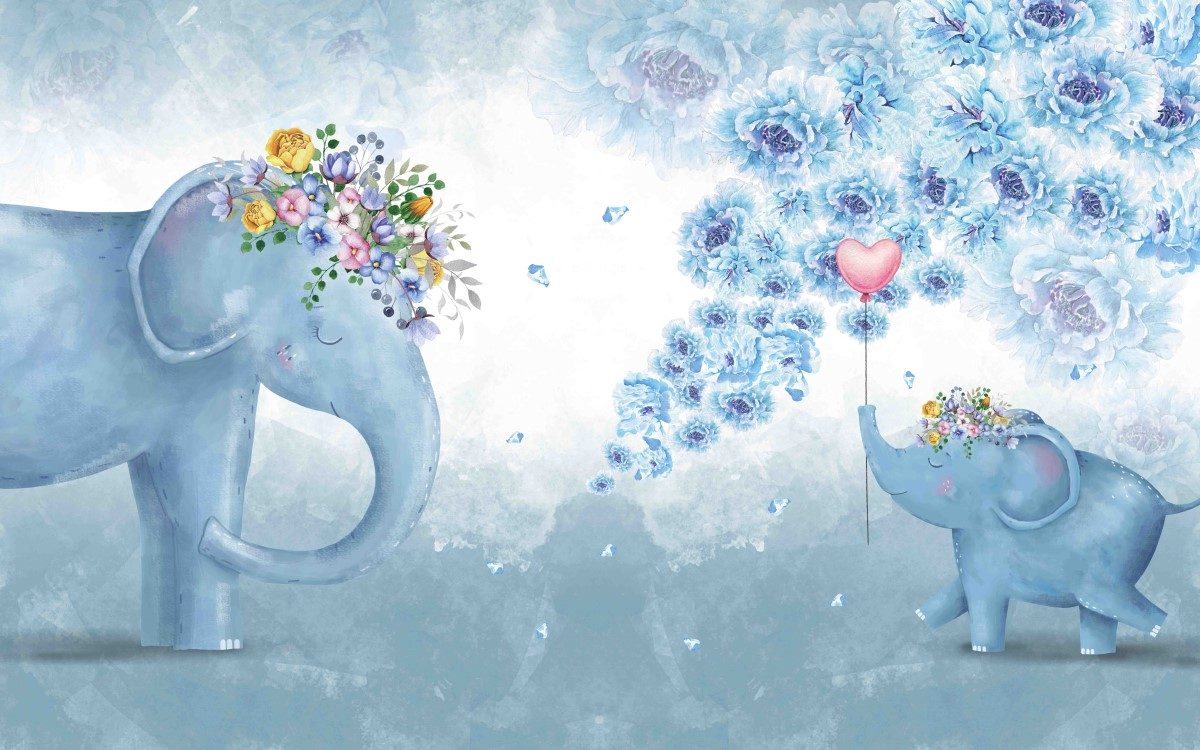 Modern Kids With Blue Background Themed Elephant Flower Love