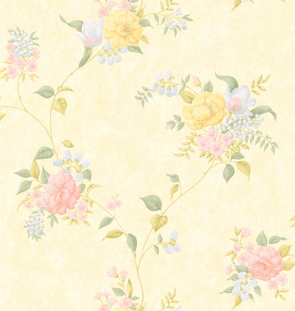 Brewster Light Yellow Floral Trail Wallpaper Contemporary