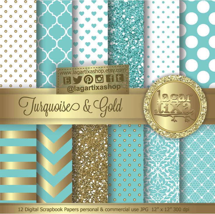 Turquoise Gold Digital Paper Background Teal By Lagartixashop