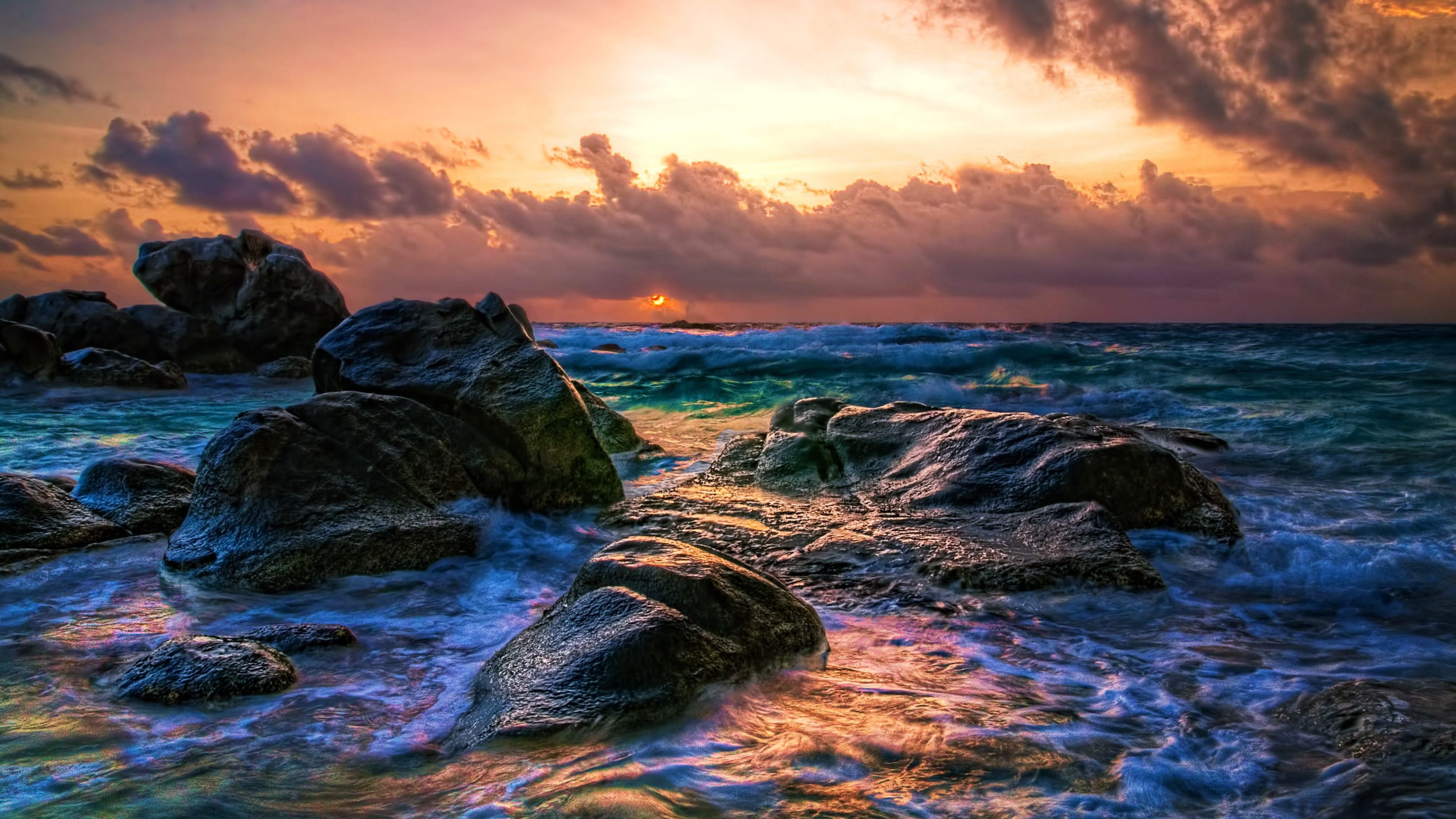 Rocky Coastline Sunset 4k Wallpaper