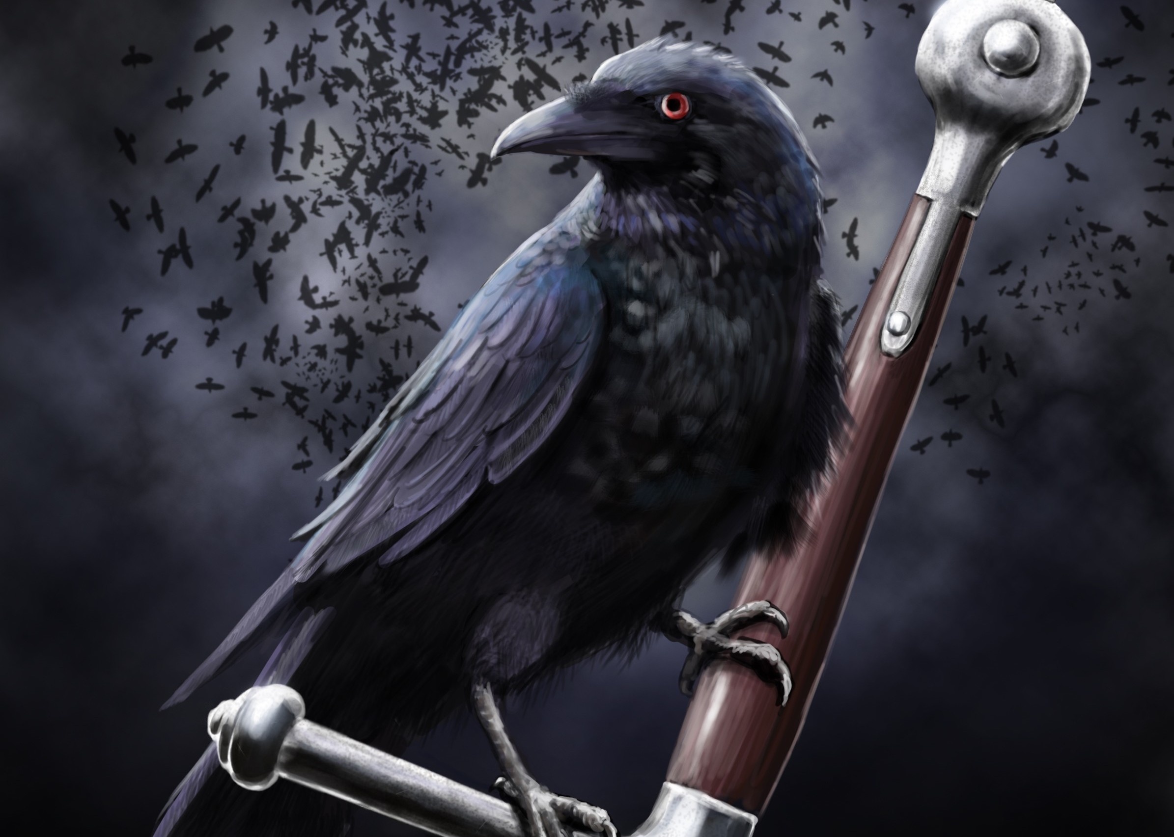 Art Leather Raven Crow Clouds Sword Death Dark Swords