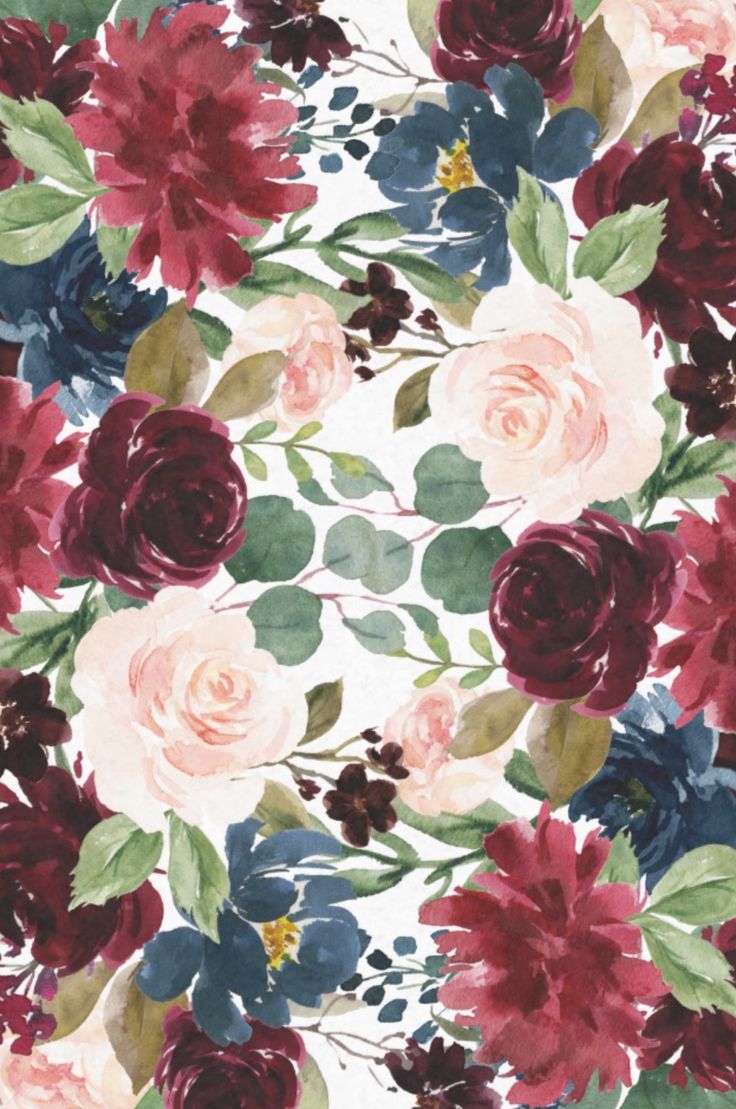 Burgundy Blue Watercolor Flowers Border Tissue Paper By