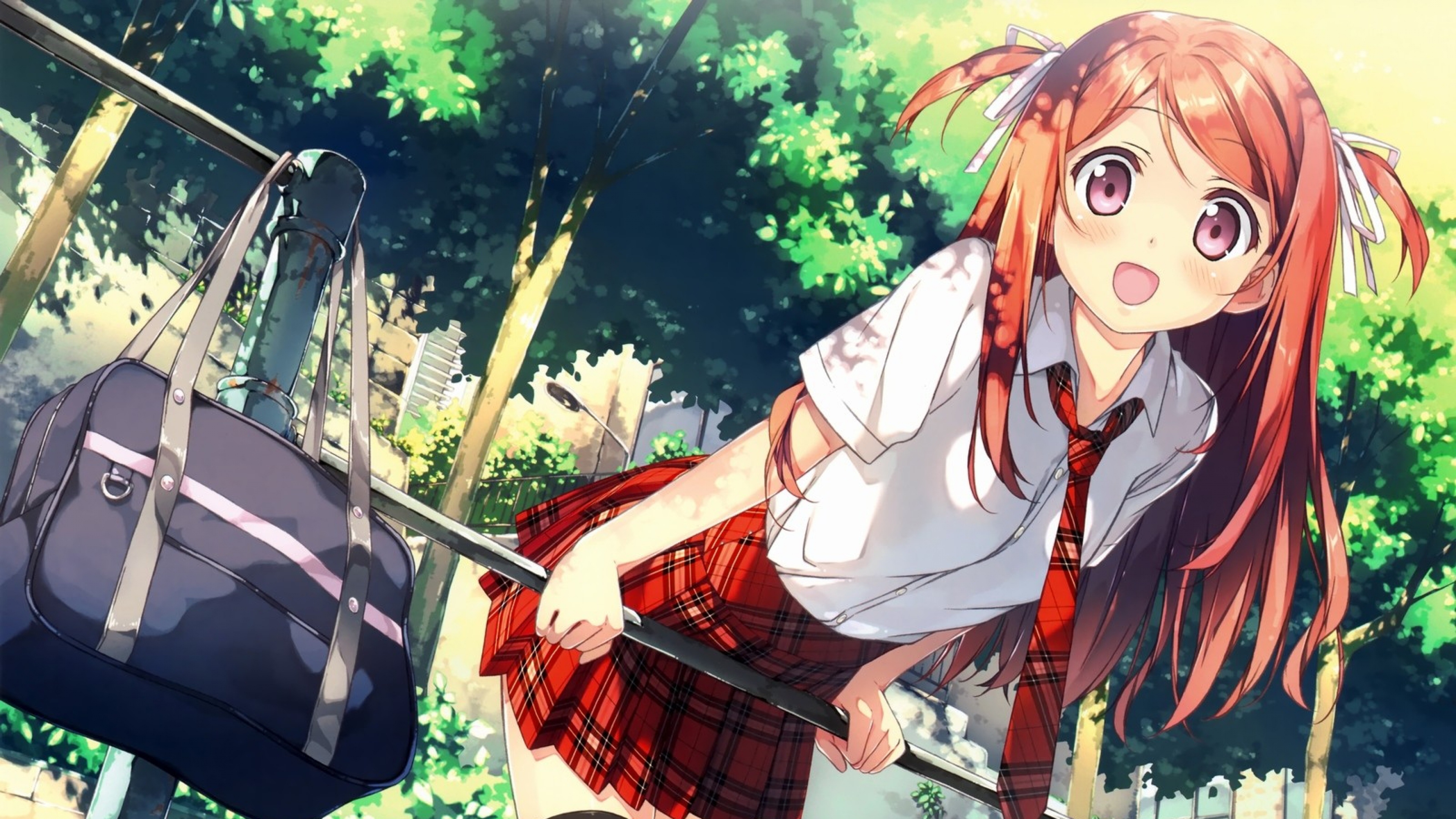 Anime schoolgirl with red hair and plaid skirt in a park background