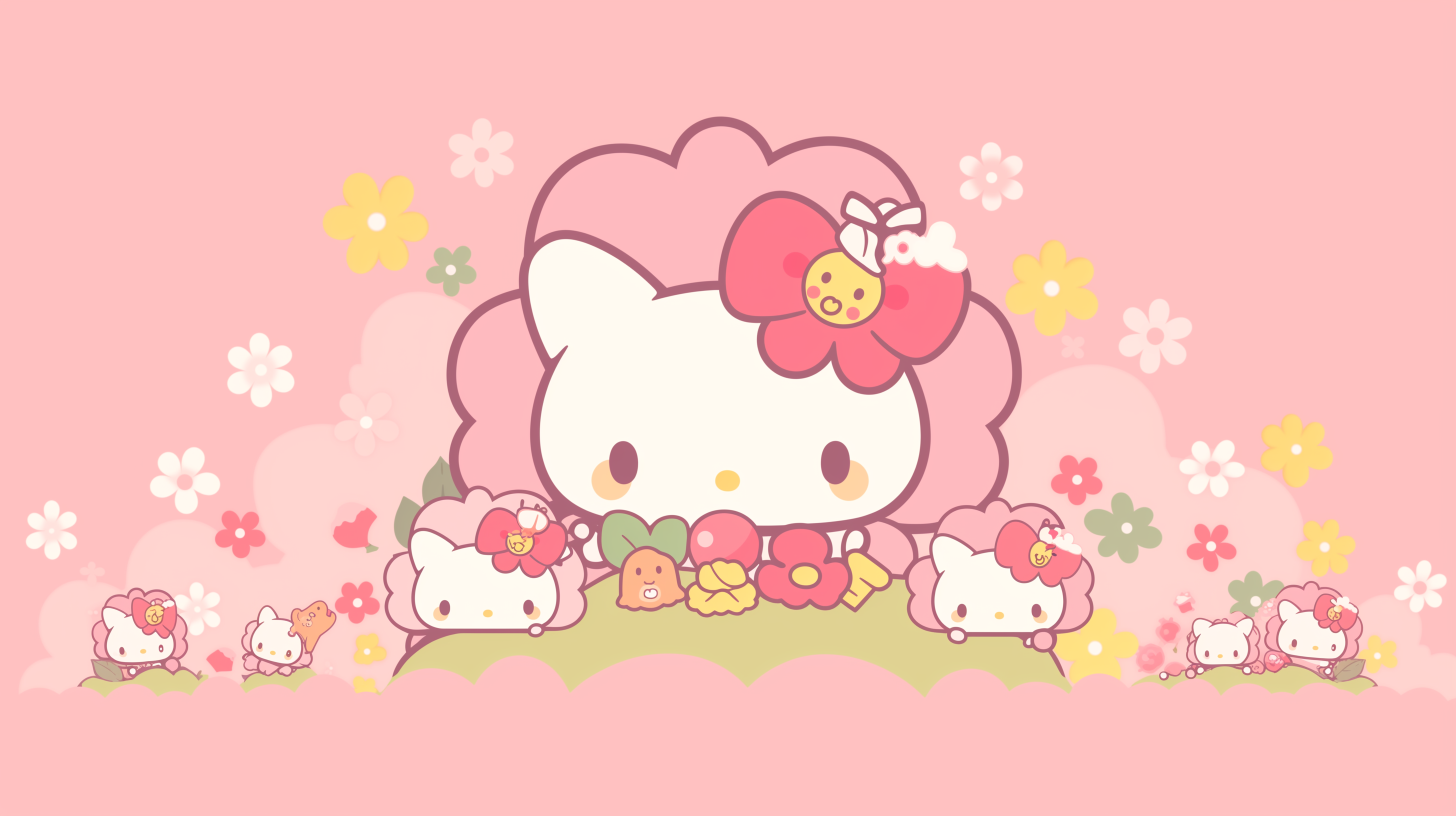 A cheerful Hello Kitty wallpaper with a pink background, featuring Hello Kitty surrounded by smaller versions of herself and flowers