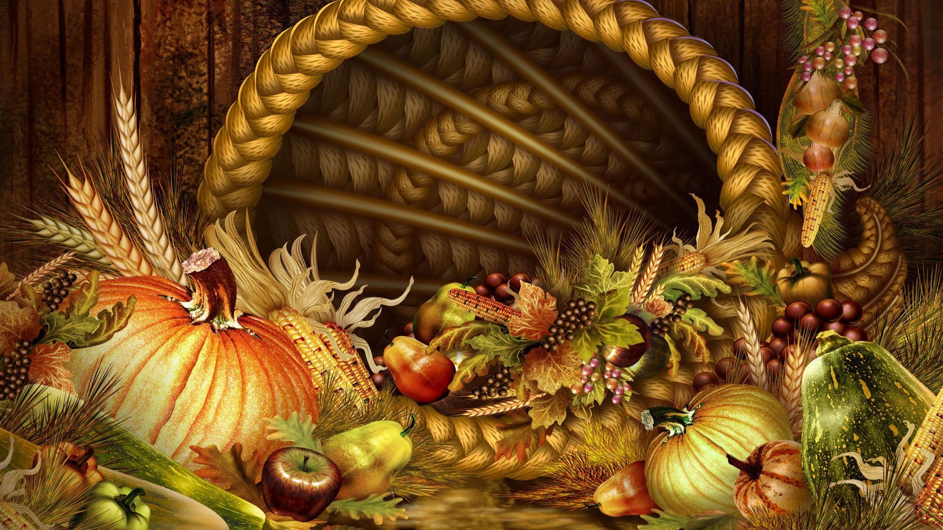 A beautiful Thanksgiving cornucopia overflowing with pumpkins, gourds, fruits, vegetables, and wheat