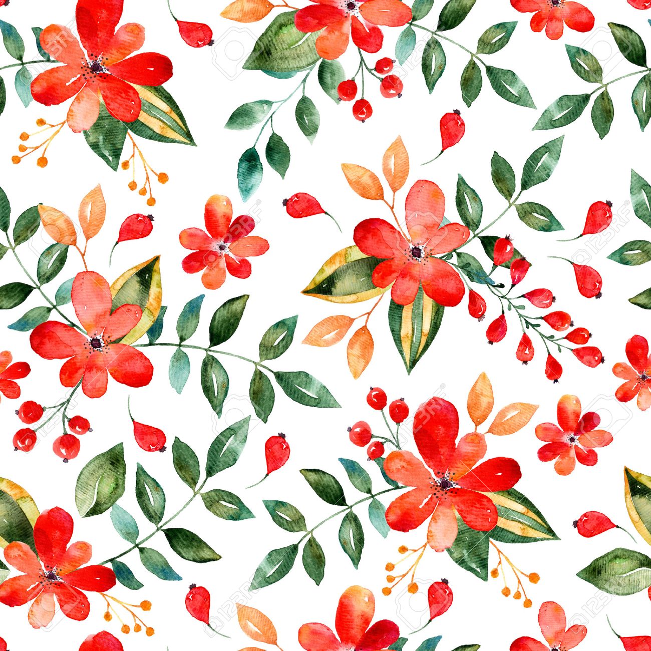 Watercolor Floral Seamless Pattern With Red Flowers And Leafs