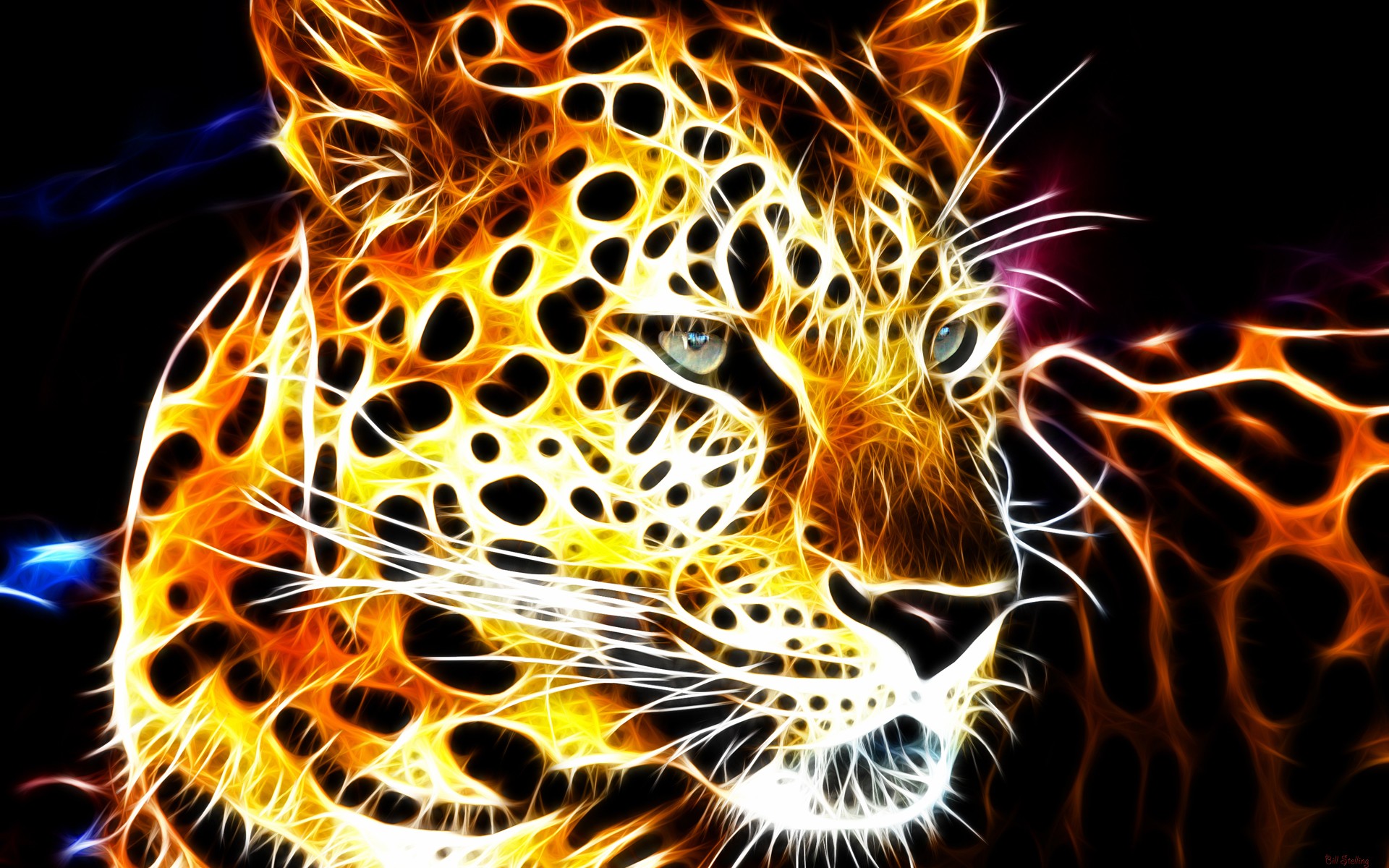 Shining Glowing Leopards Black Background Fractal Wallpaper