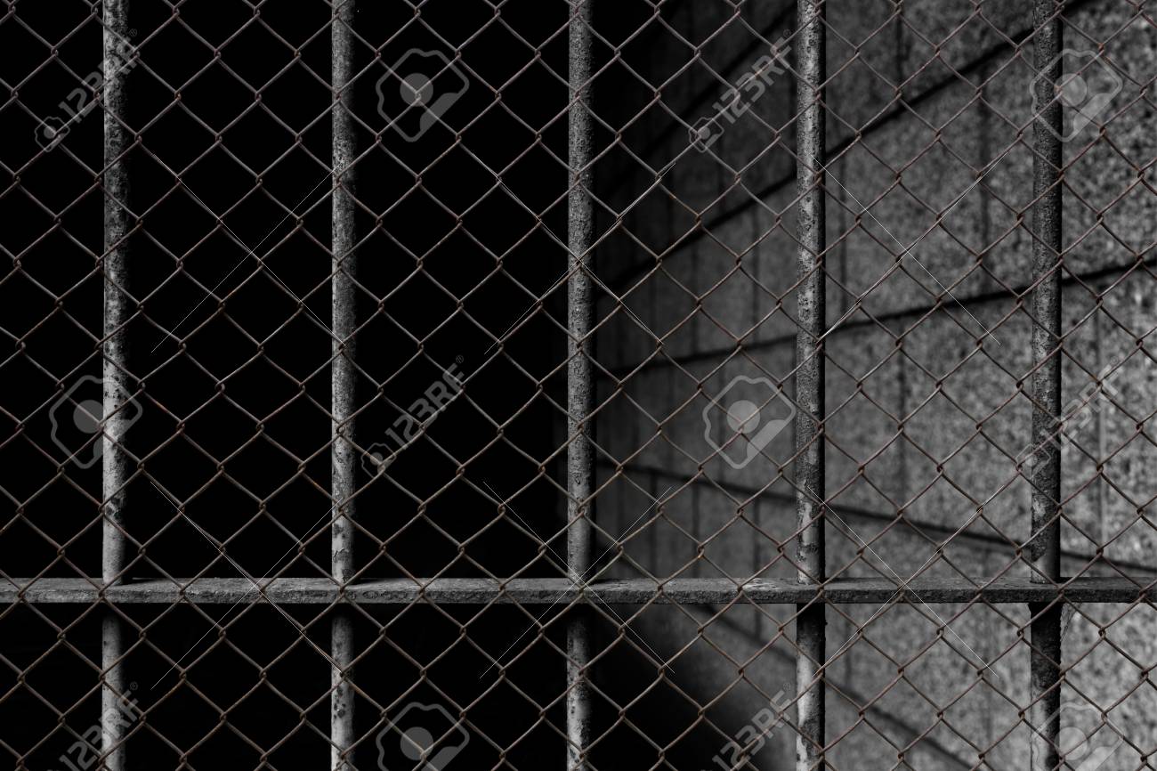 The Cage Fence Overlap With Old Prison Bars Cell Lock Background