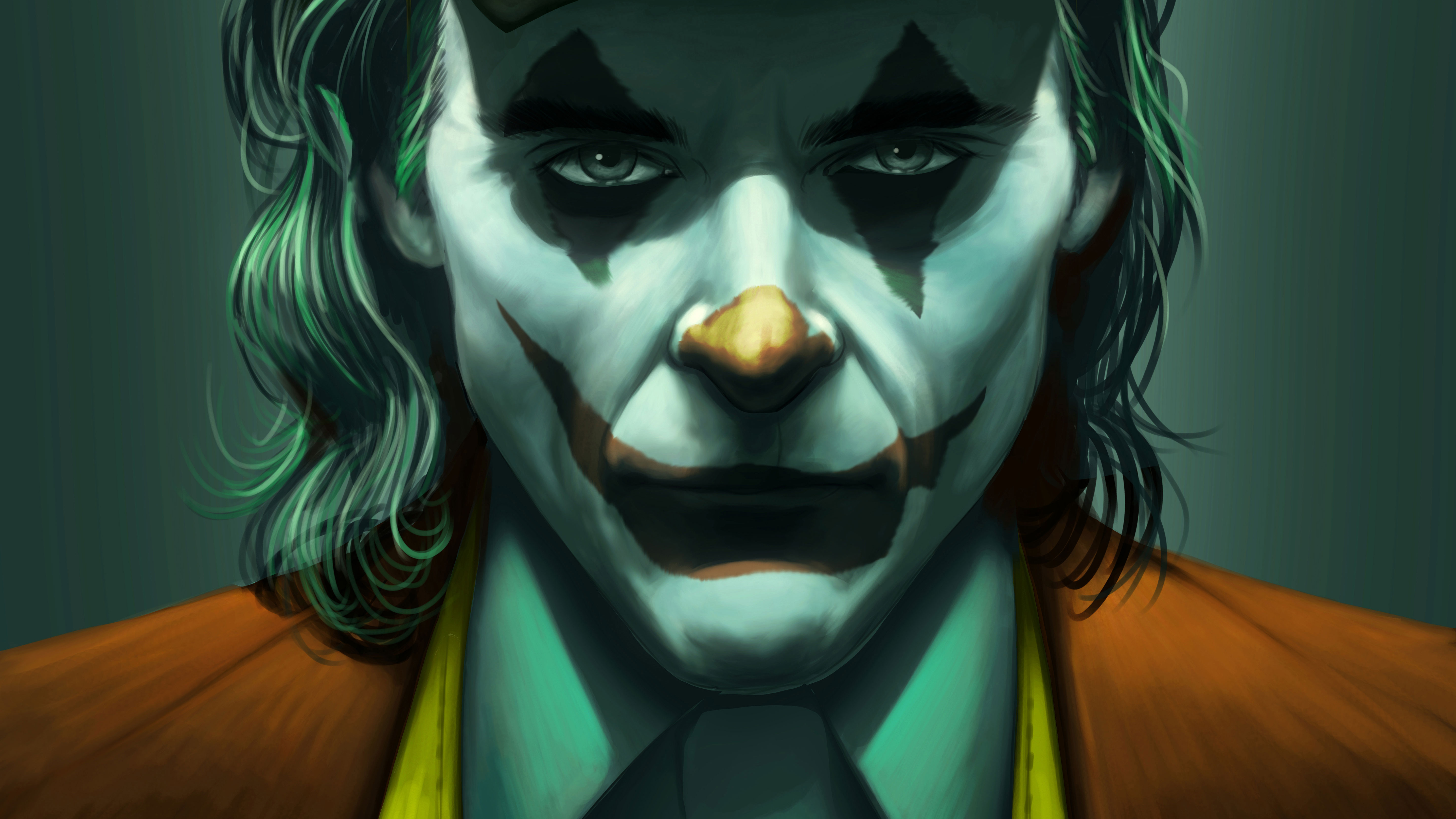 Close-up portrait of the Joker with a sinister smile, showcasing his green hair, orange jacket, and painted face