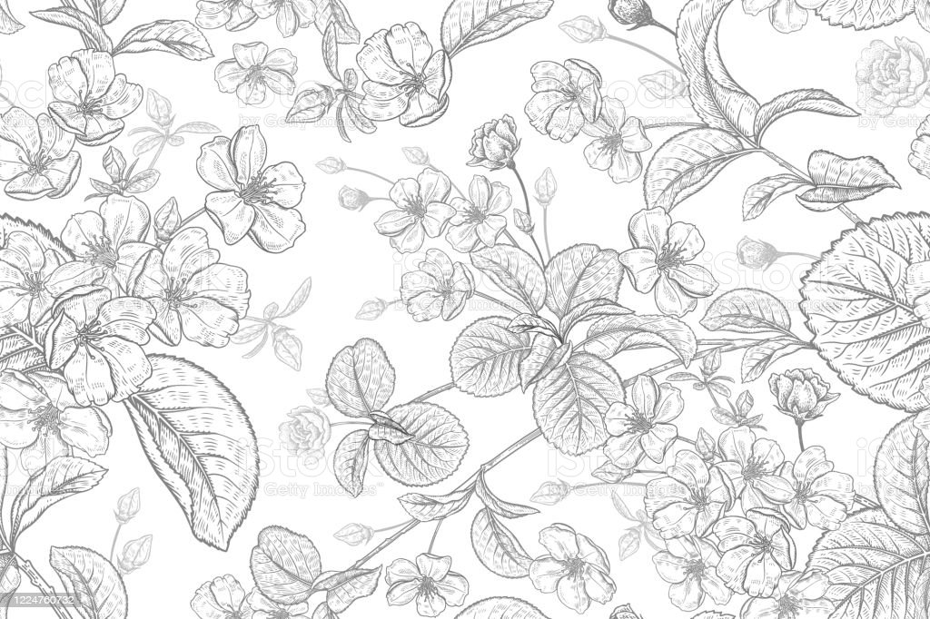 Floral Vintage Seamless Pattern With Japanese Cherry Black And