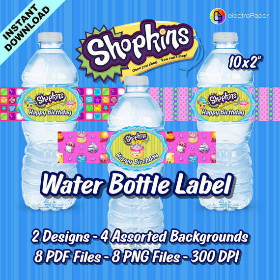 SHOPKINS   Water Bottle Labels   2 Designs 4 Assorted Backgrounds   8 570x570