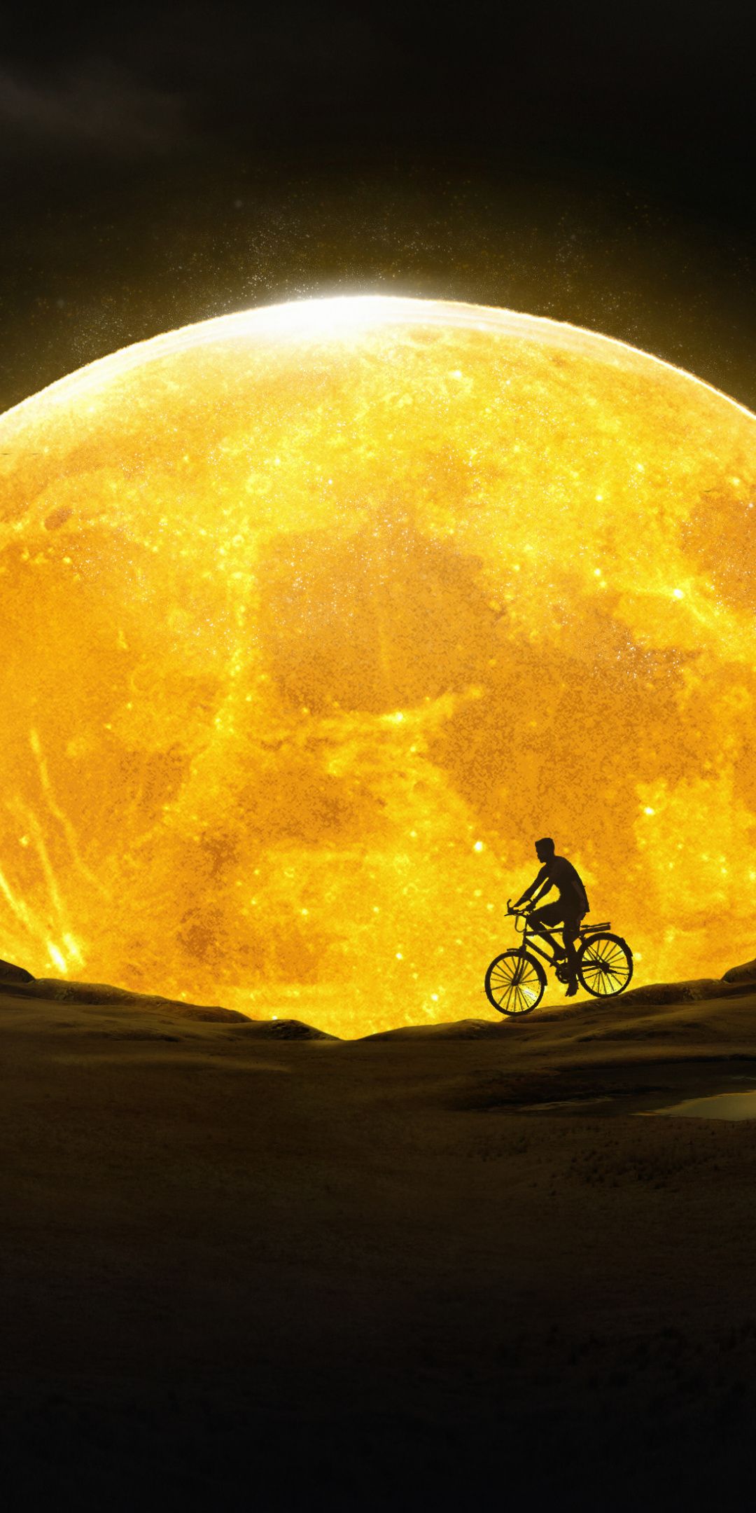 Moon Night Yellow Cycling Silhouette Art