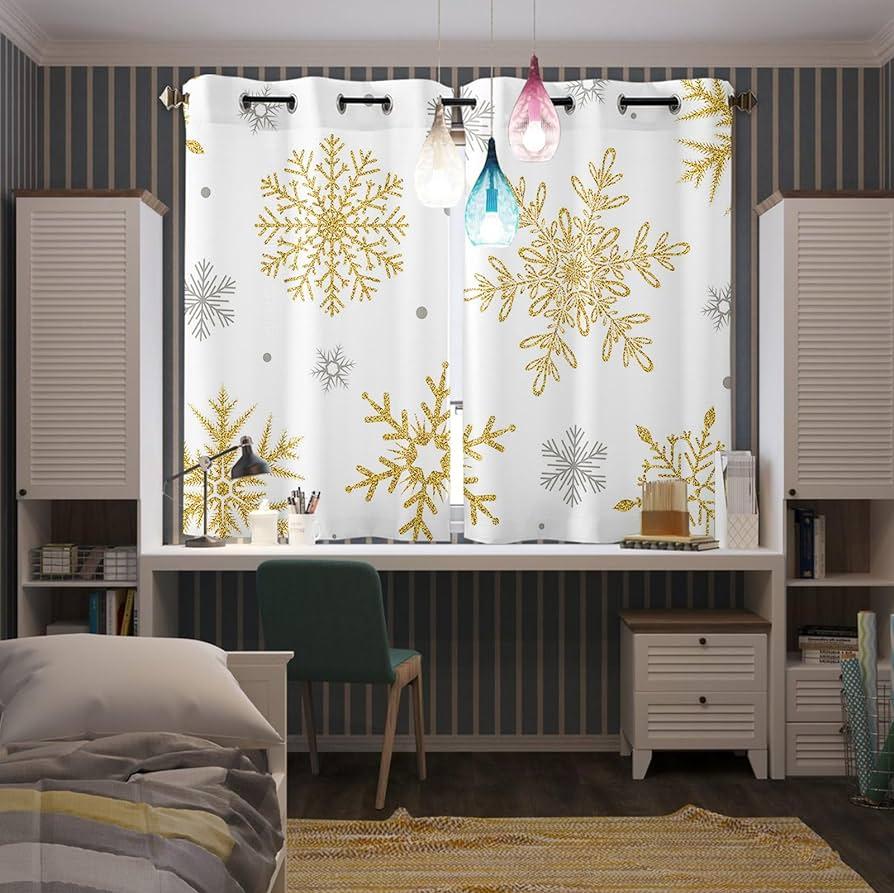 Amazon Xmas Gold Grey Snowflake Window Curtains Inch