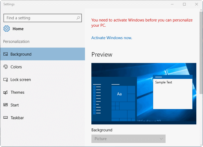Changing desktop background on unactivated Windows 10
