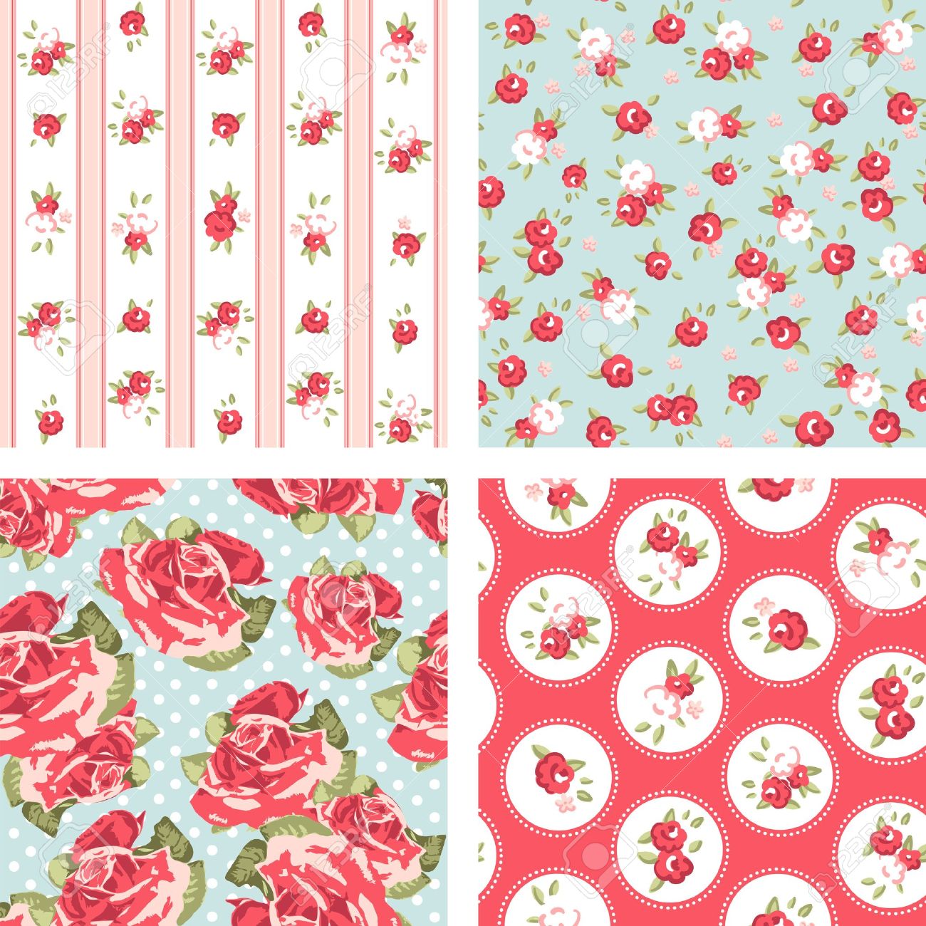 Shabby Chic Set Vintage Rose Patterns Seamless Wallpaper