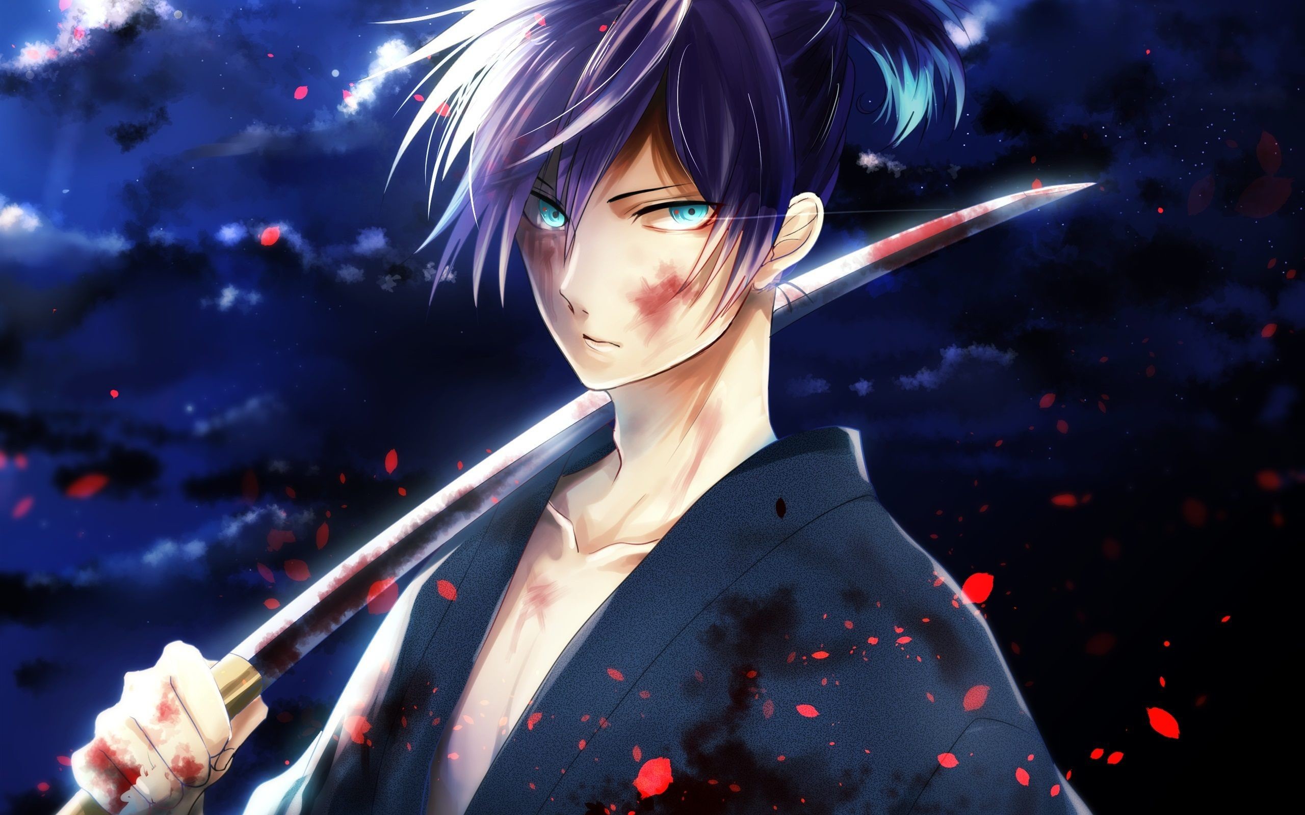 A cool anime wallpaper featuring a male character with vibrant purple hair and striking blue eyes, wielding a katana against a dramatic night sky backdrop. Blood splatters add to the intensity of the scene