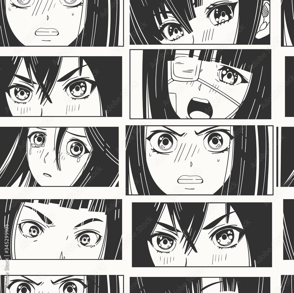 Close Up Of Asian Female Eyes Look Black And White Manga Style