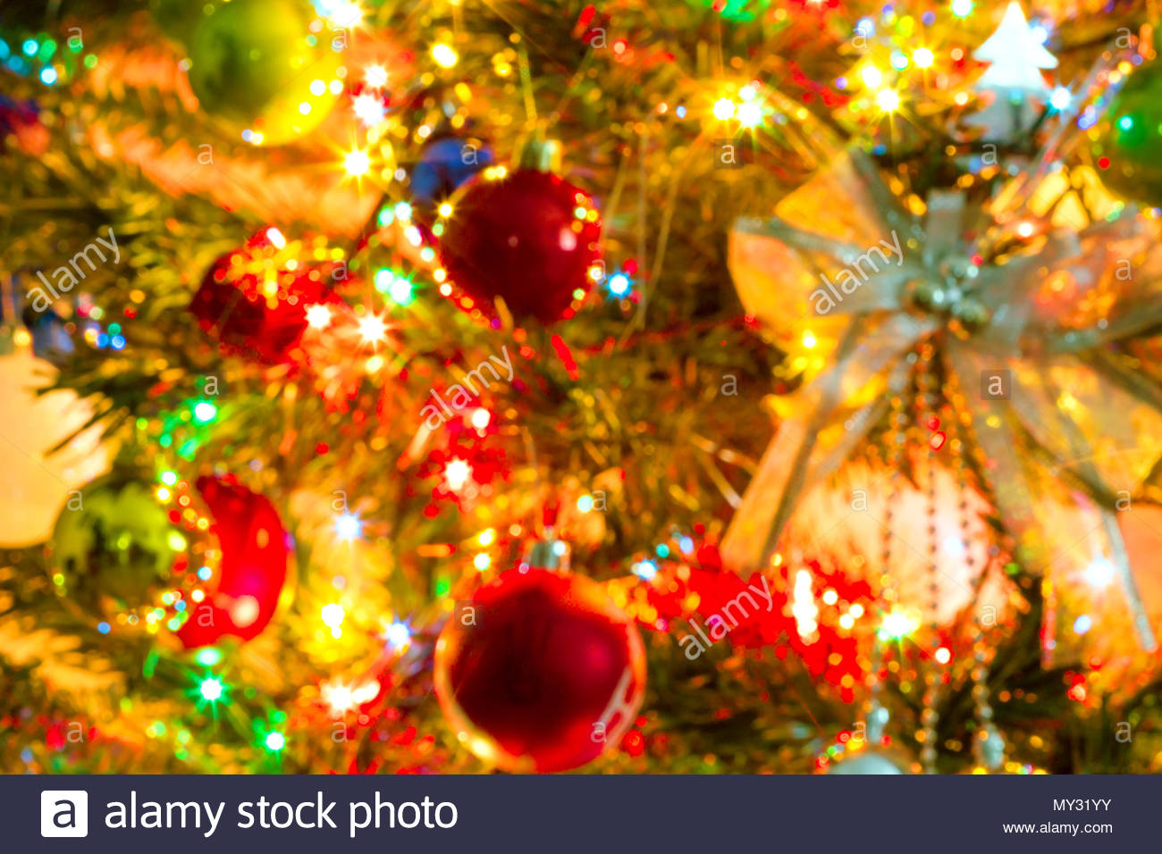 Blurred Image Beautiful Christmas Tree And Colorful Light Bokeh