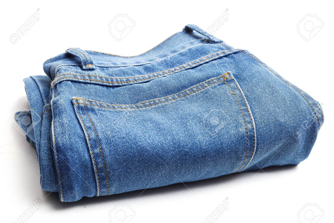 Denim Pants Folded In A Pile On White Background Blue Jeans