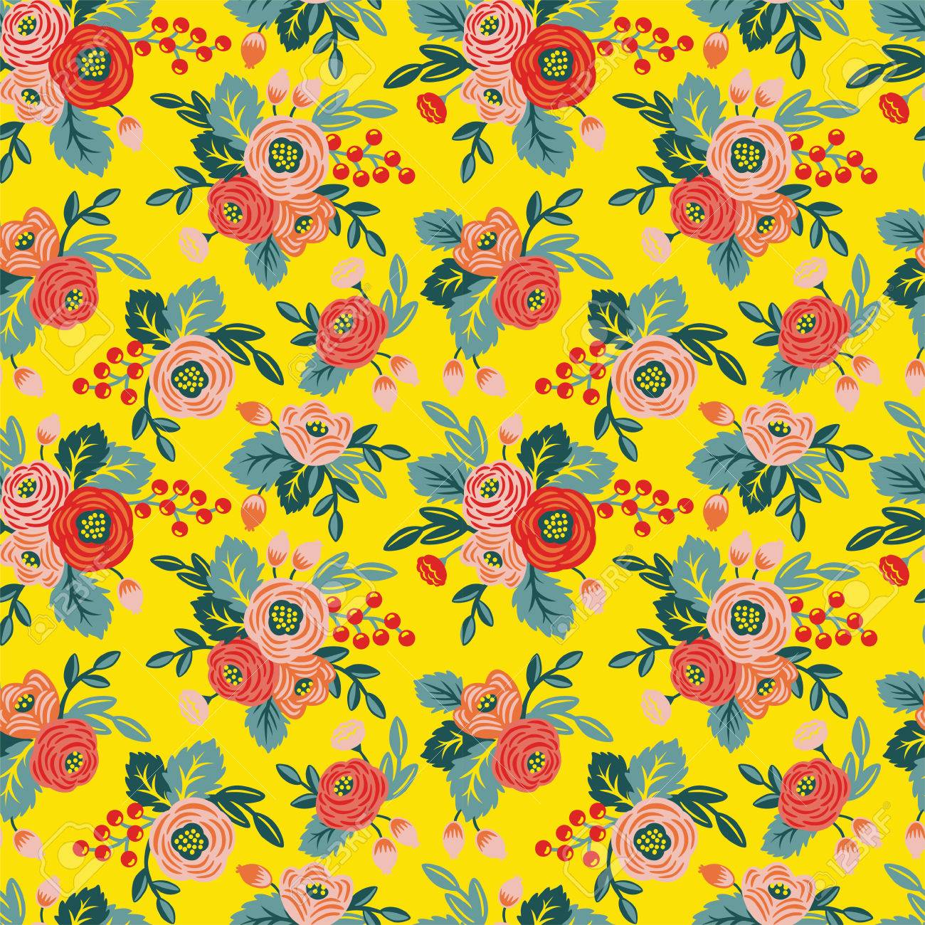 Floral Seamless Pattern On A Yellow Background For Wallpaper