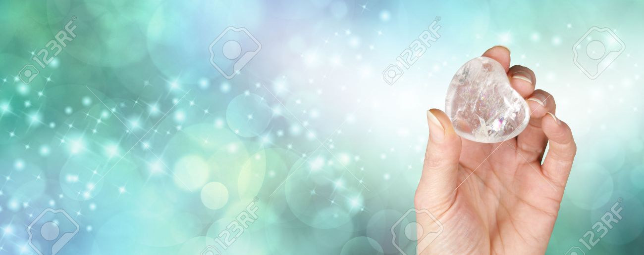 Crystal Healing Banner With Bokeh Green Background Stock Photo