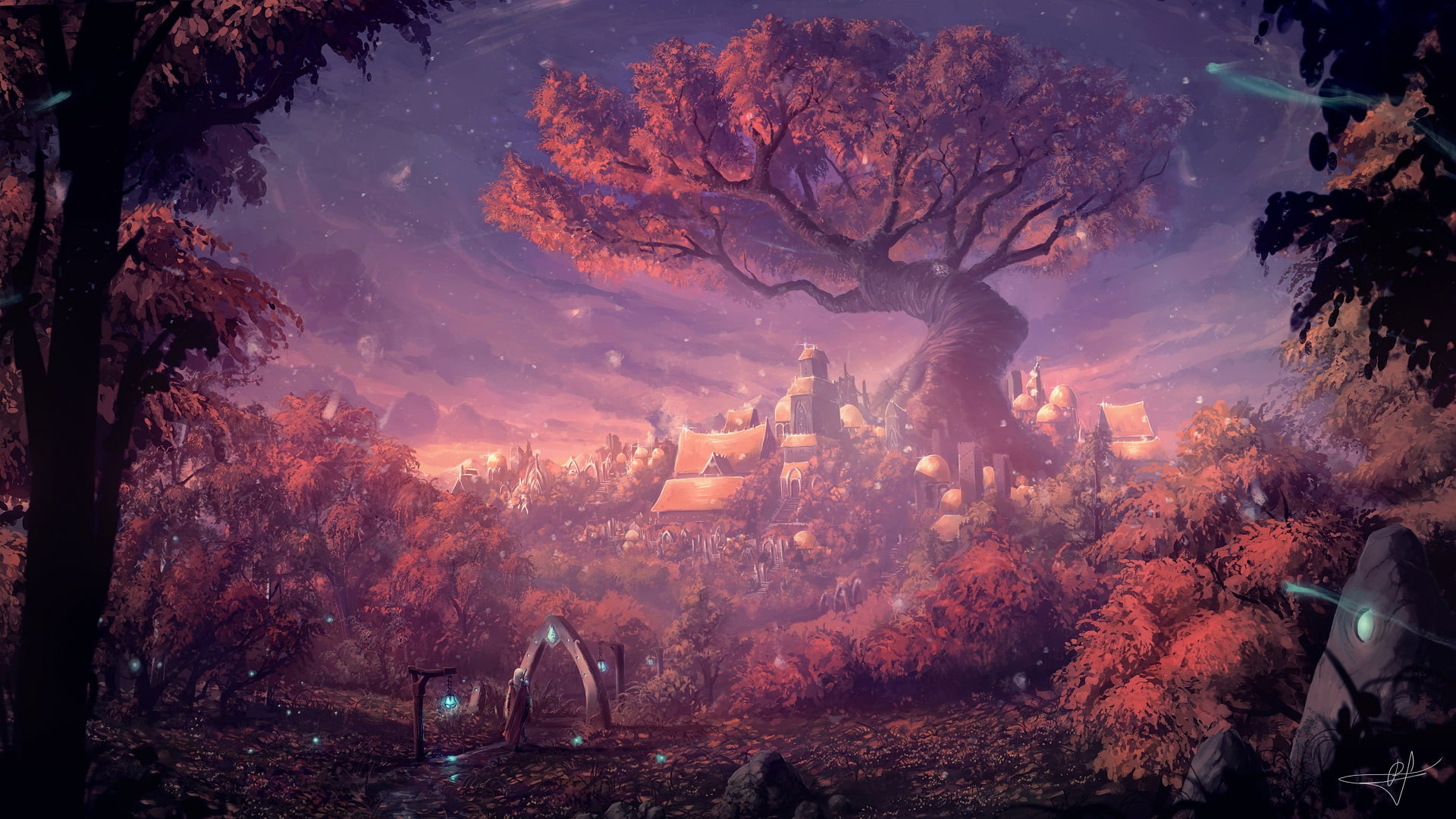 Painting Of Tree In Center Rural Town HD Wallpaper