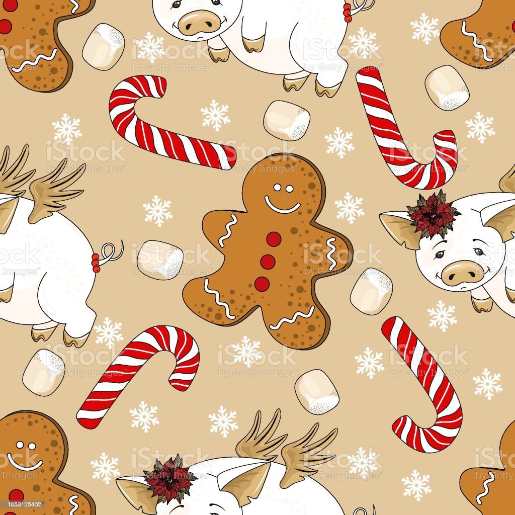 Seamless Pattern With Christmas Pig On Winter Background For