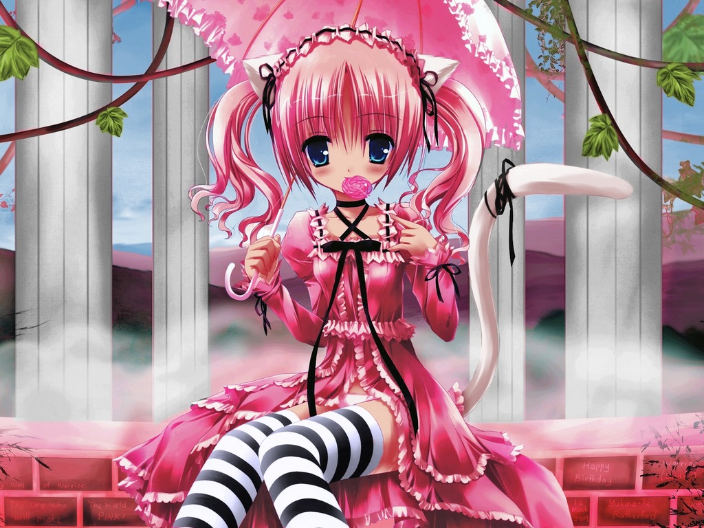 Wallpaper Girl Fountain Candy Umbrella Pink