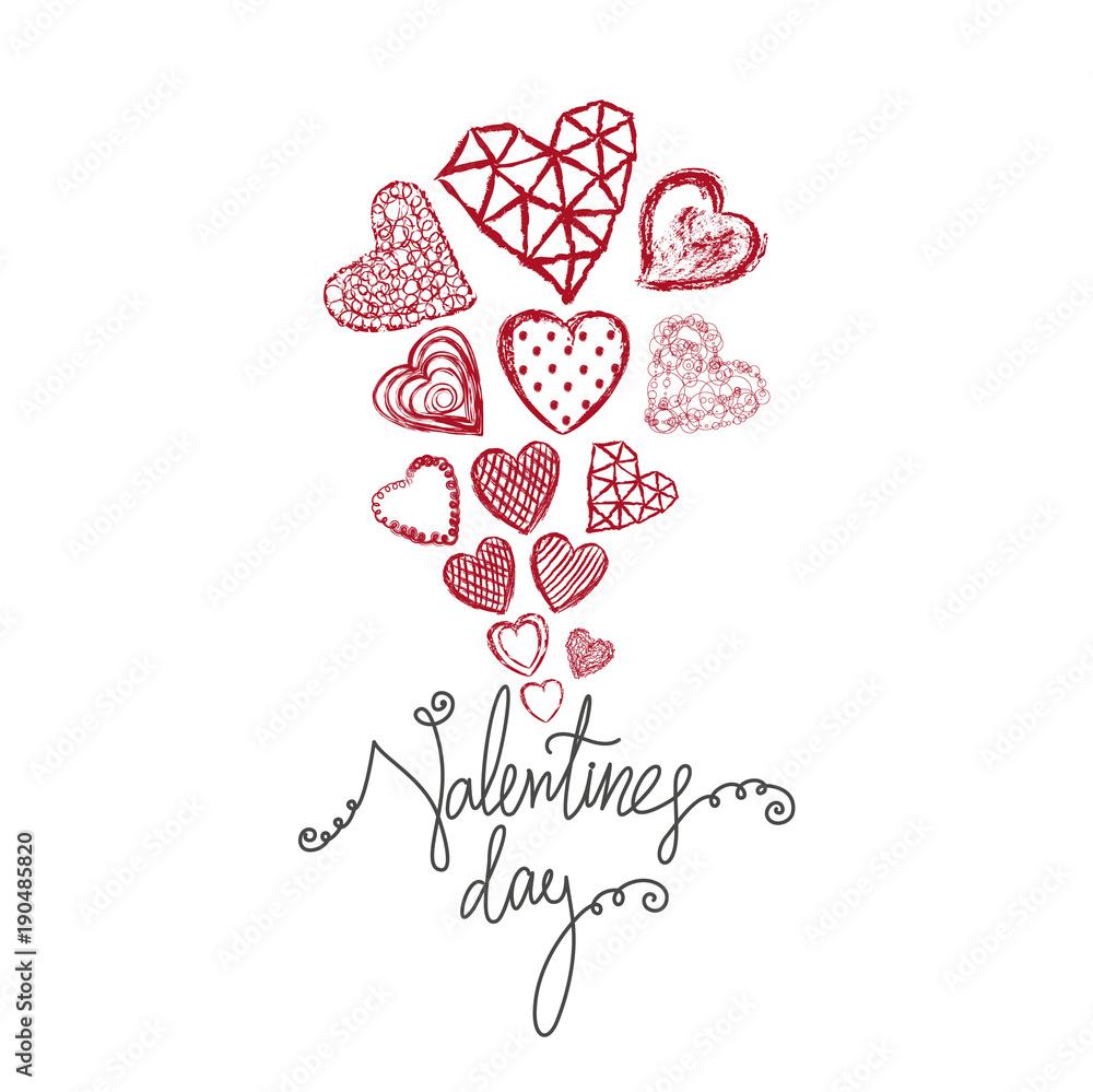Hand Drawn Doodle Heart Happy Valentines Day Red White Color