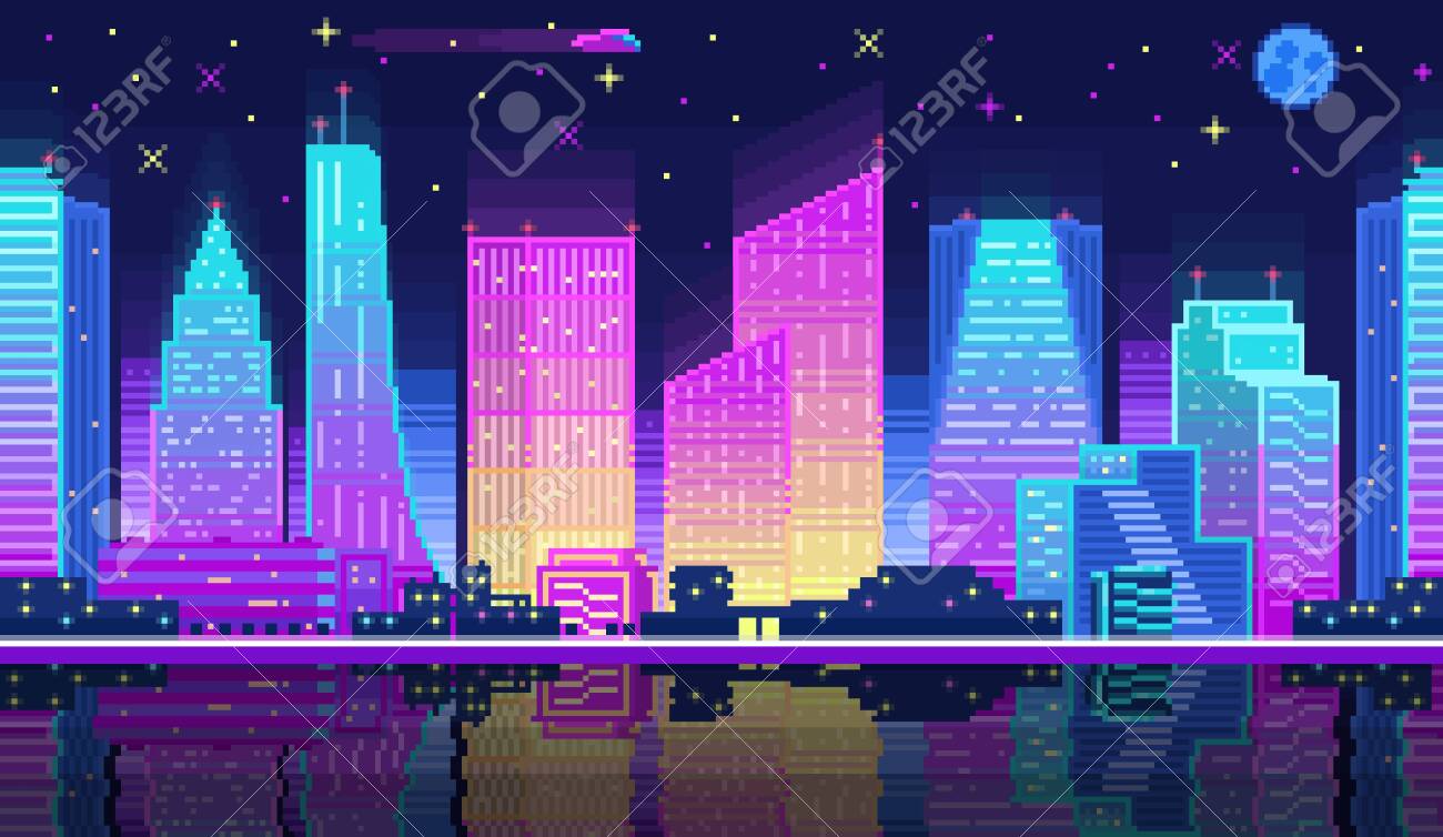 Night City Landscape Neon Pixel Background With Hight Buildings