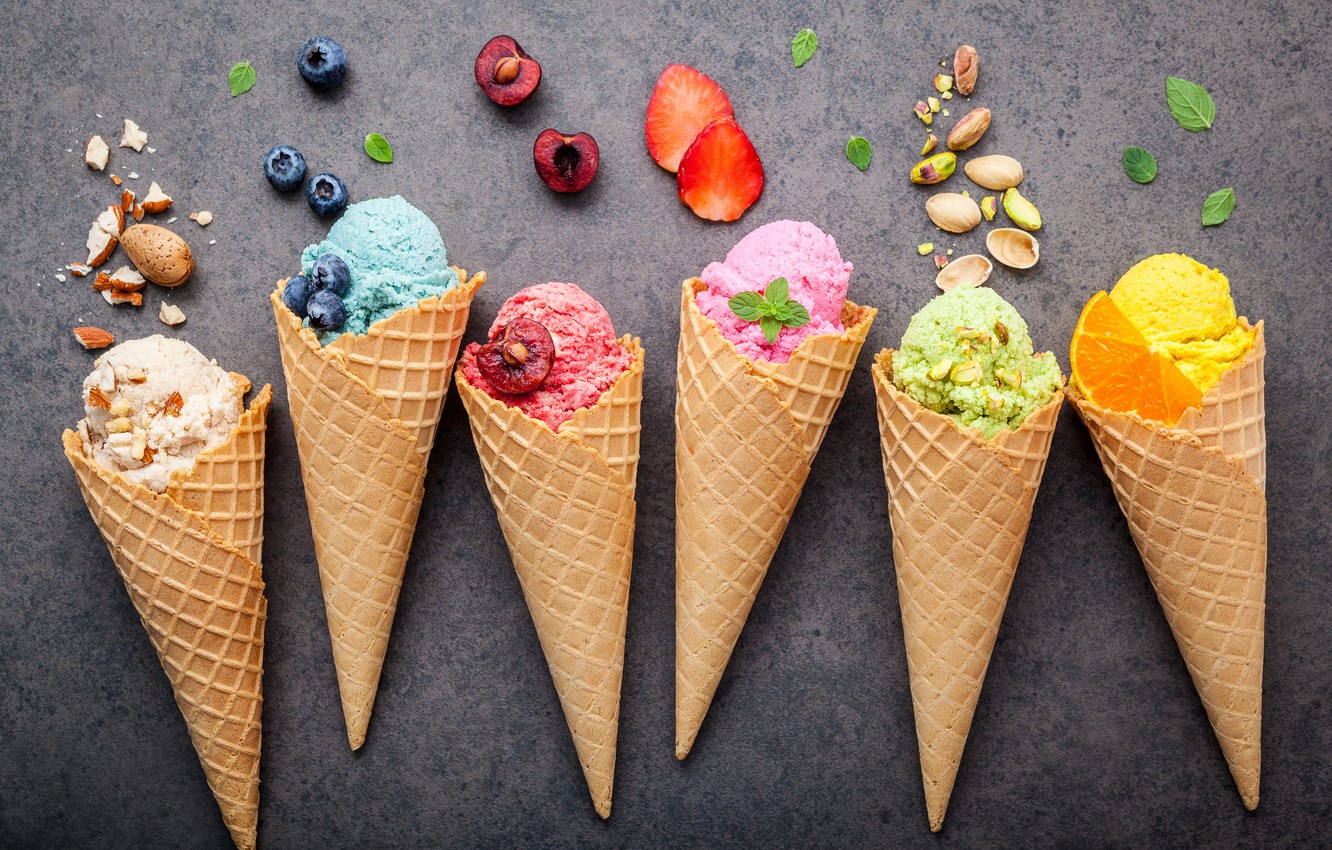 Wallpaper Berries Colorful Ice Cream Fruit Nuts Horn