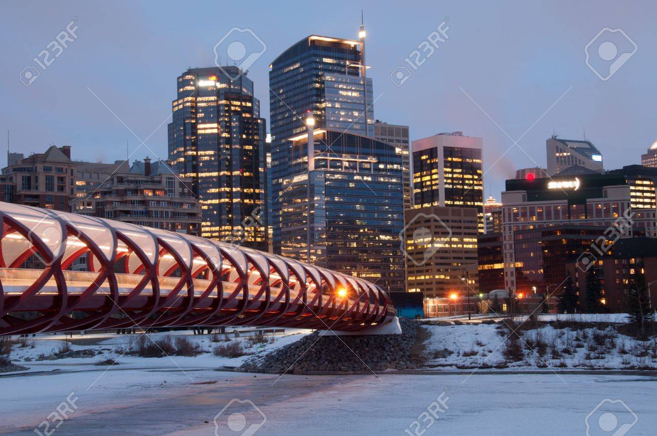 A Calgary Pedestrian Bridge Accross With Bow River In Winter
