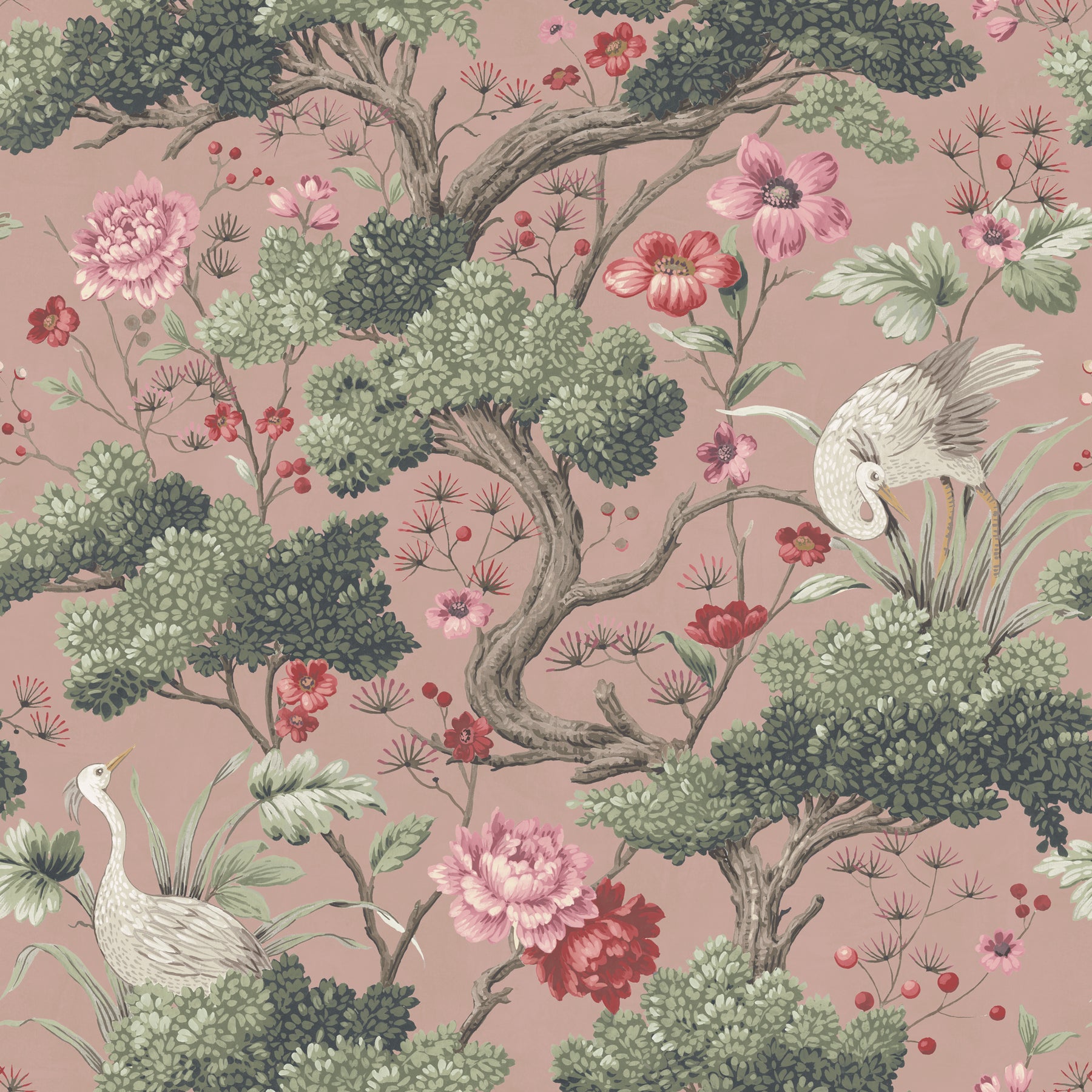 Crane Bird Vintage Pink Wallpaper Green Bright Animals Birds