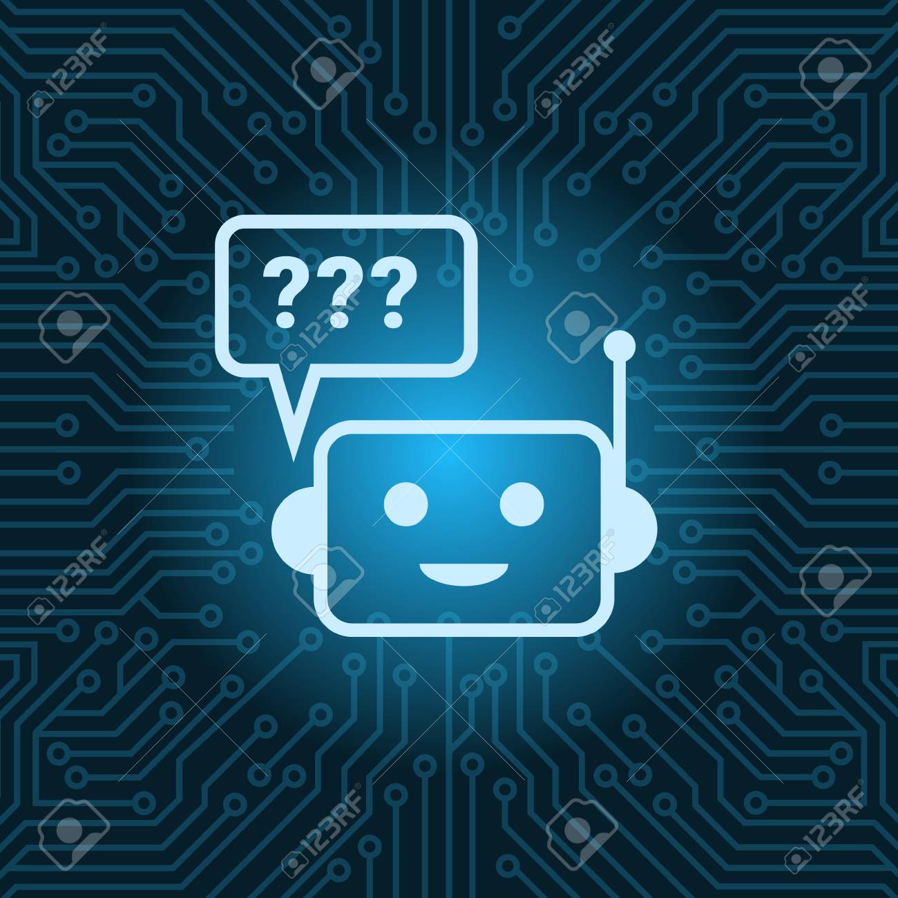 Chat Bot Face Icon With Question Mark Robot Over Blue Circuit