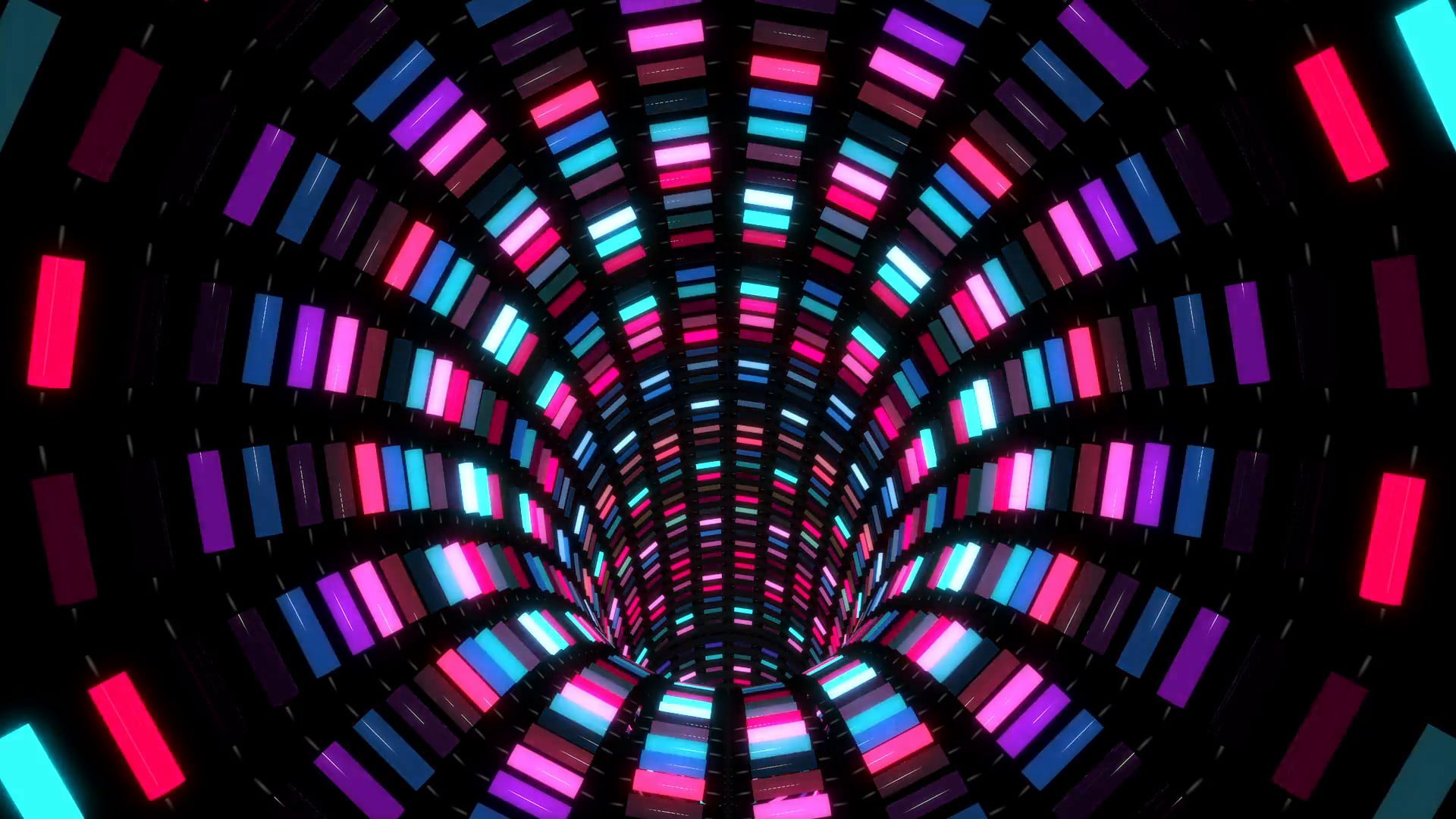 A vibrant neon tunnel with glowing rectangular lights in various shades of pink, blue, and purple, creating a mesmerizing visual effect
