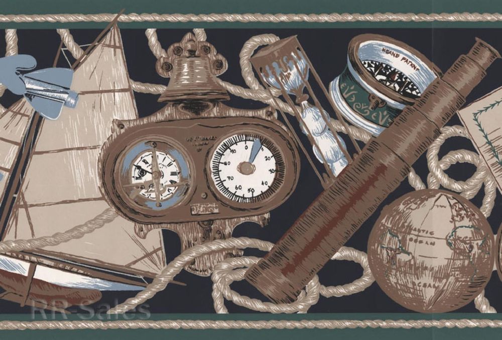 Antique Nautical Black Green Sailboats Anchor Ropes Sexton Wallpaper