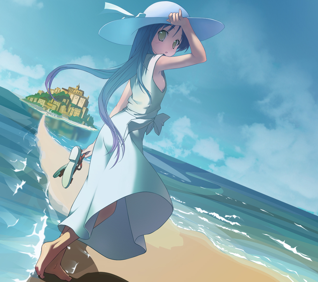 Wallpaper ID 171274  dress beautiful clouds sea beach lanterms  bridge anime beauty anime girl blue ocean sky palms hat suitcase  water girl summer vacations white free download