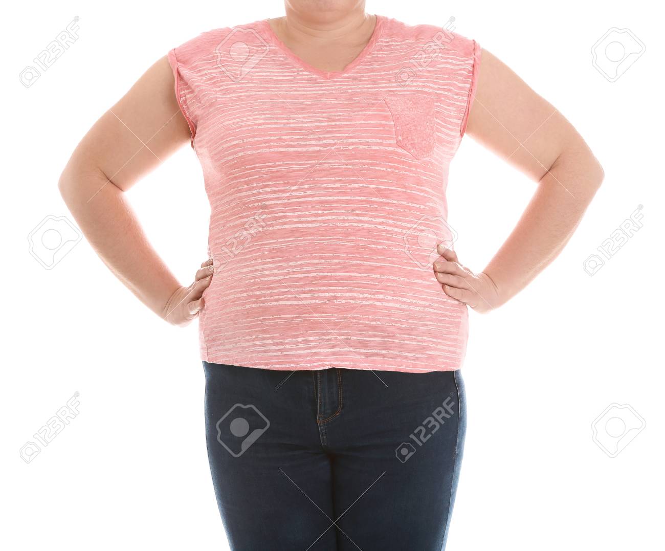 Overweight Woman On White Background Closeup Weight Loss Stock