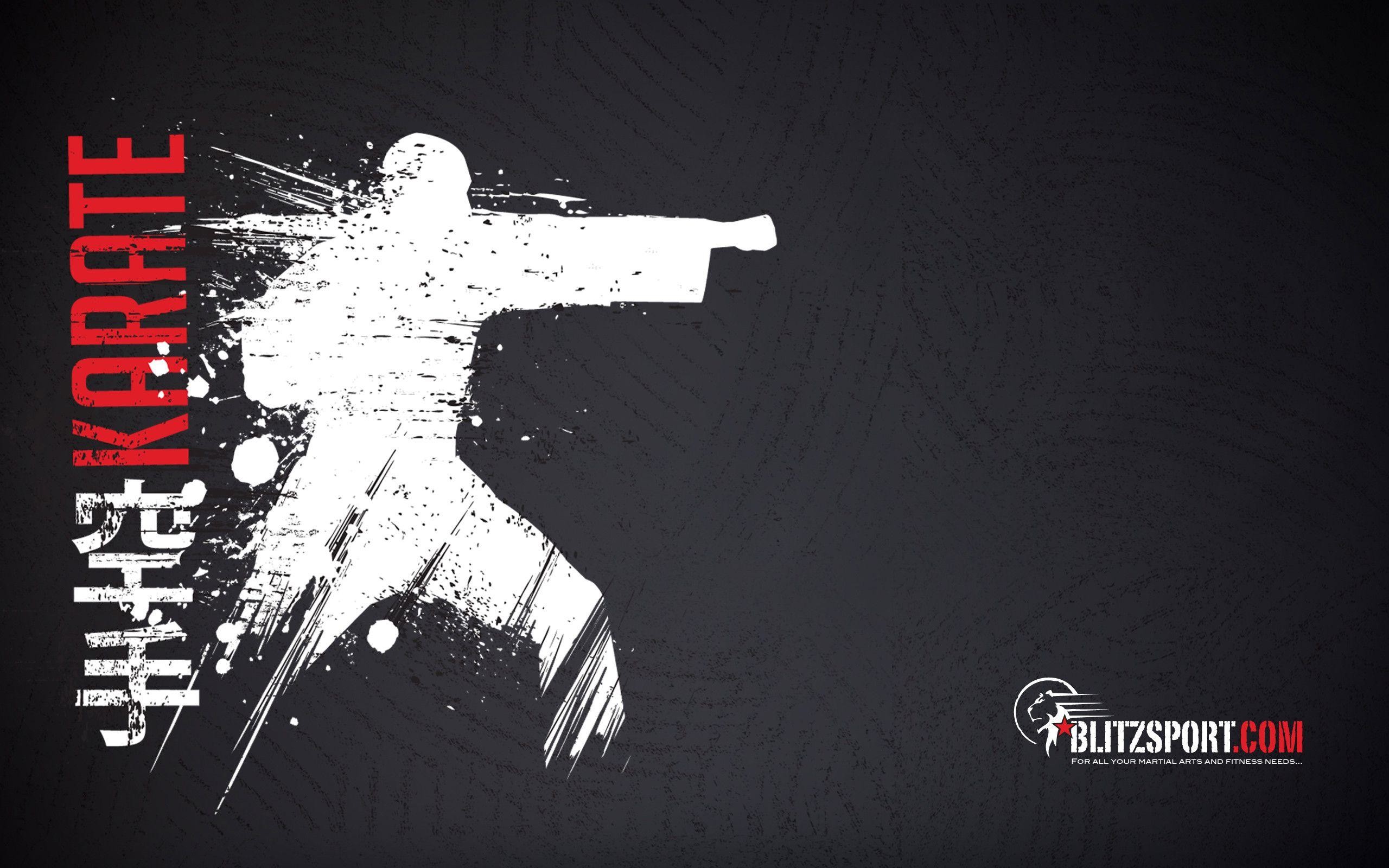 A dynamic, white silhouette of a karate practitioner mid-punch against a textured black background. This striking image embodies the power and grace of karate