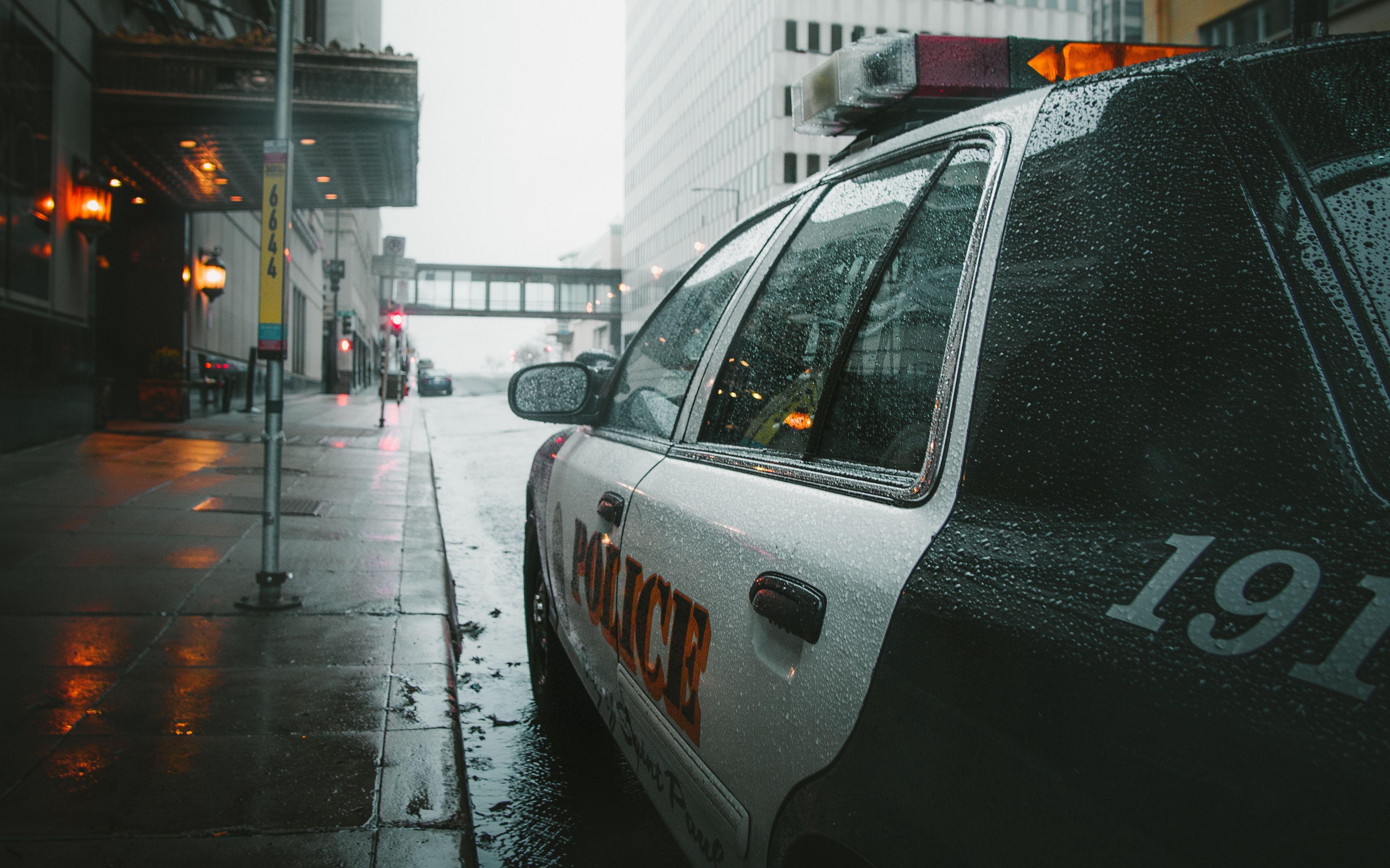 Wallpaper Police Car Street City Rain 4k