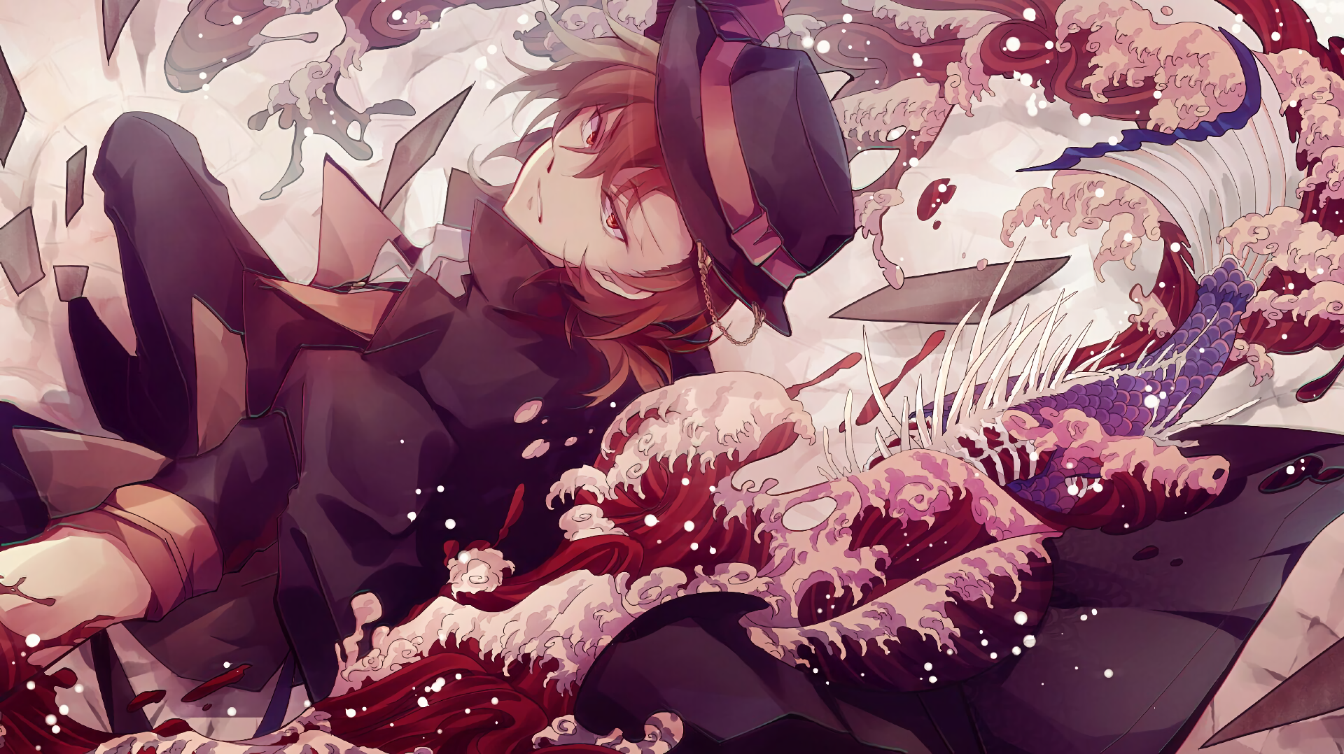 A dramatic wallpaper featuring Tachihara Michizō from Bungou Stray Dogs, lying amidst stylized blood-red waves and scattered knives