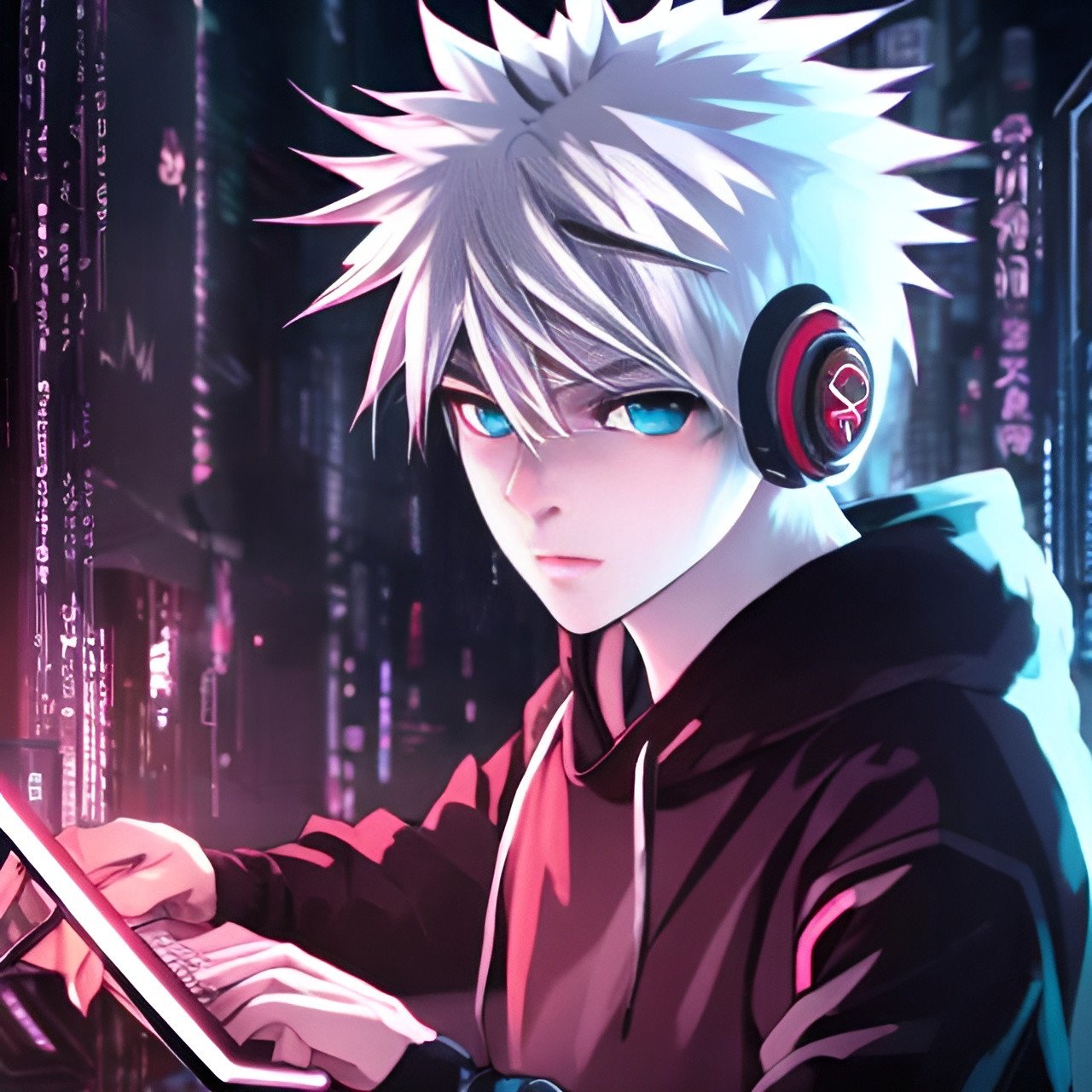 Cute Anime Boy With White Hair Intense Red Eyes We