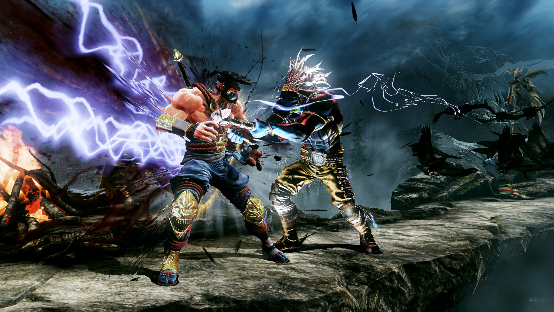 Two characters locked in battle from a fighting game with electric sparks and fire in the background