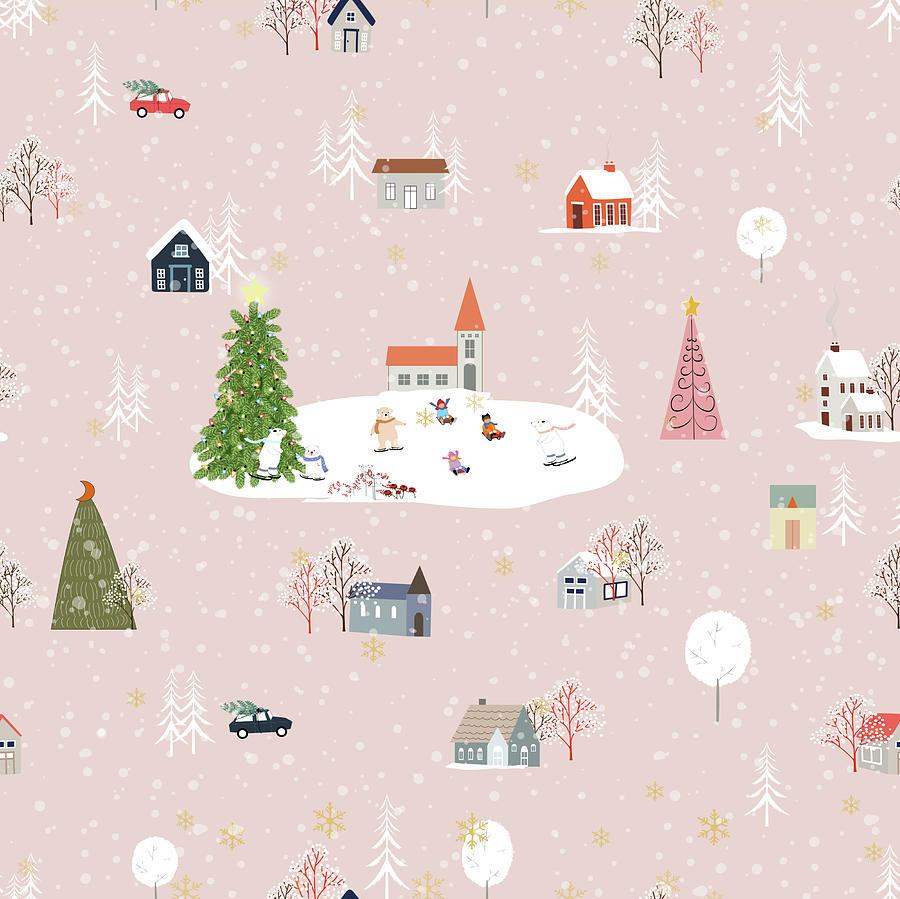 Seamless Pattern Cute Christmas Landscape In The Town With Fairy