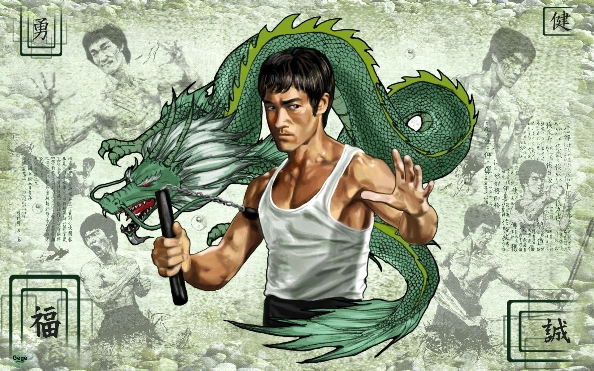 Bruce Lee with Nunchaku and Green Dragon Illustration - Martial Arts Wallpaper