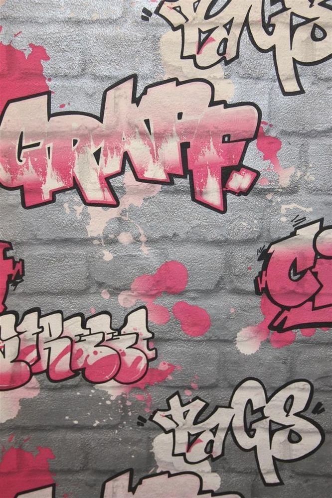 Pink Silver Graffiti Brick Wallpaper