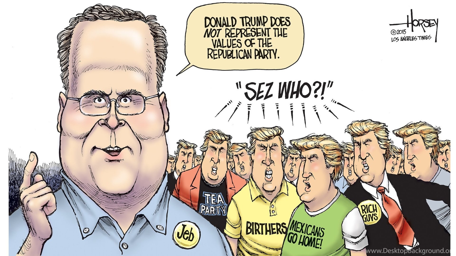 Political cartoon depicting Jeb Bush questioning Donald Trump's representation of Republican Party values, with a crowd of Trump supporters in the background