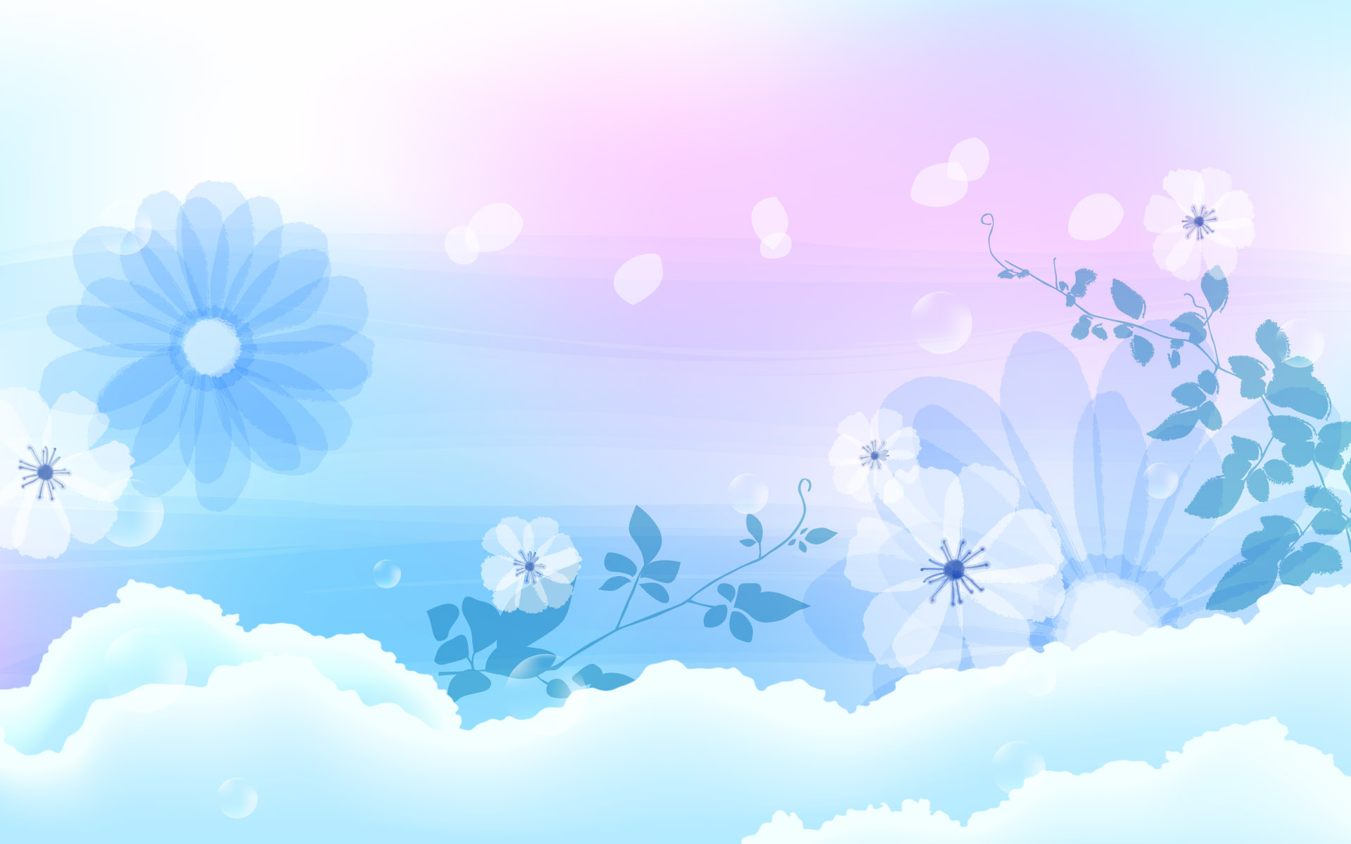 Soft light blue and pink gradient background with translucent flowers and clouds, creating a dreamy and ethereal atmosphere
