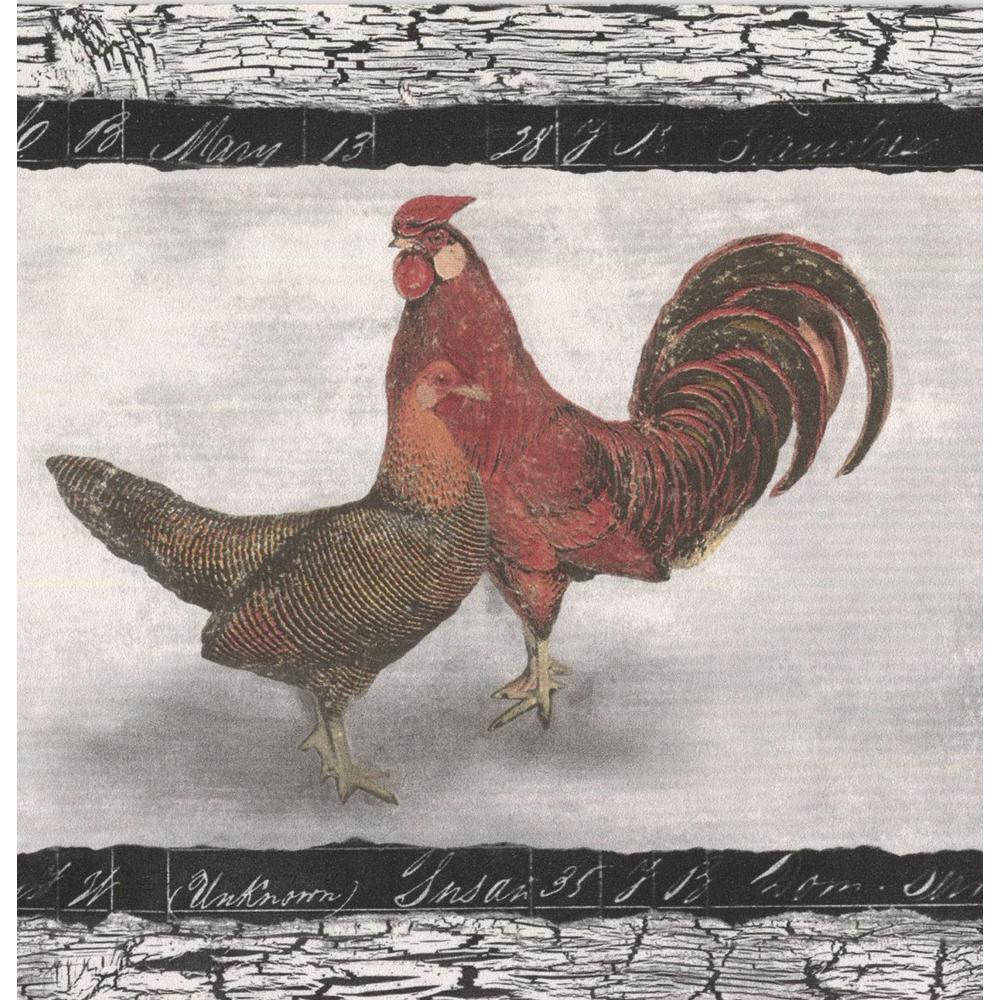 Norwall Red Rooster Speckled Hen White Grey Prepasted Wallpaper
