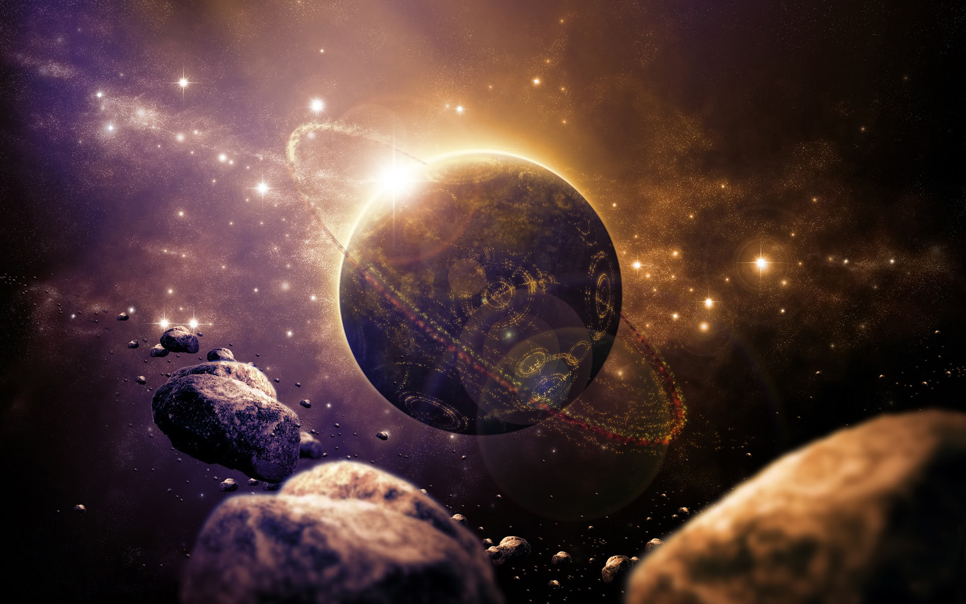 A captivating HD galaxy wallpaper showcasing a vibrant planet with a unique ring system, surrounded by asteroids and distant stars